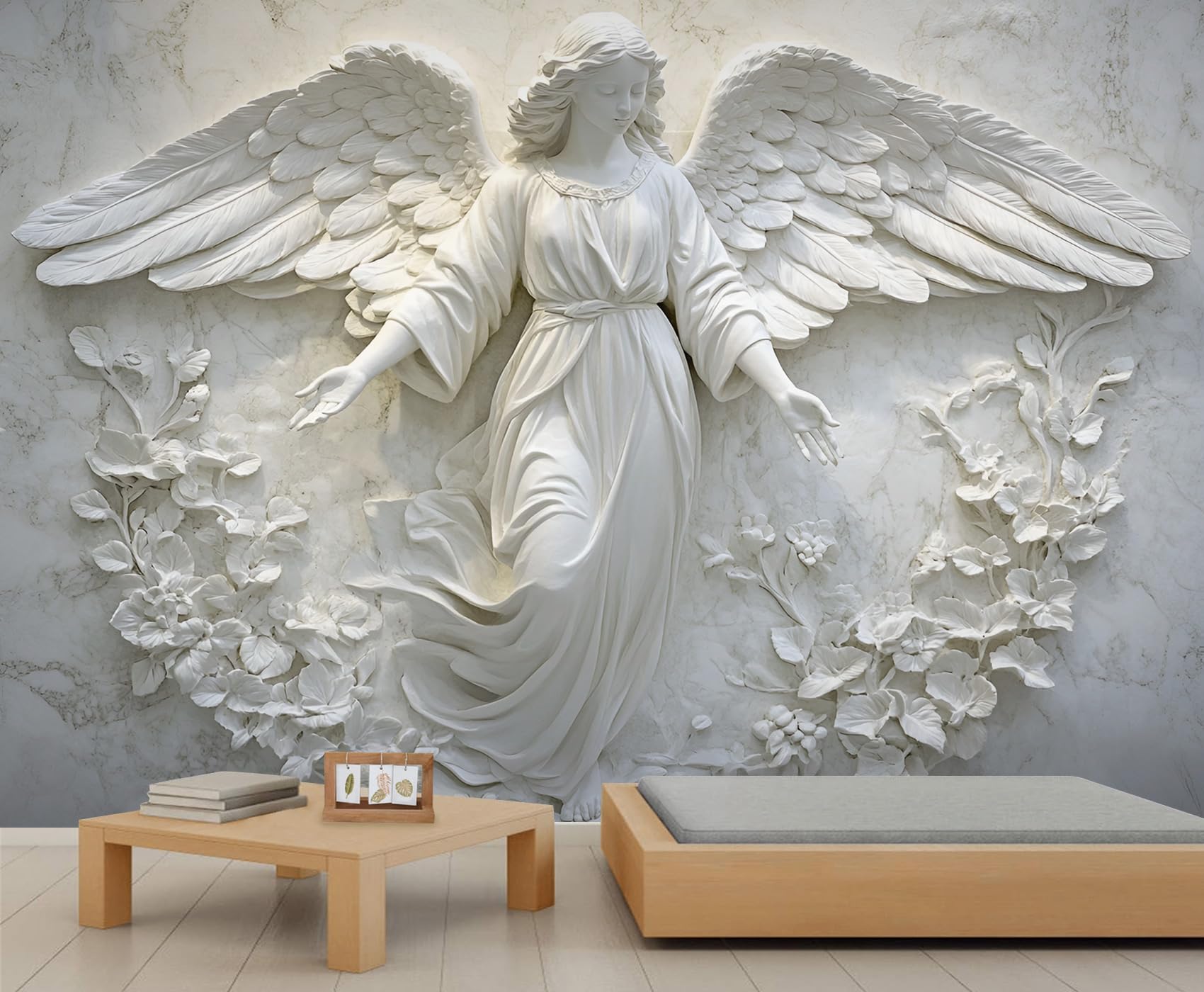 1700x1400 3D Relief Angel Wall Mural, European Marble Relief Wallpaper Mural, Classical Statue 3D Mural, Sculpture Art Wallpaper for Living Room and Bedroom Wall Decor (Not Peel and Stick)