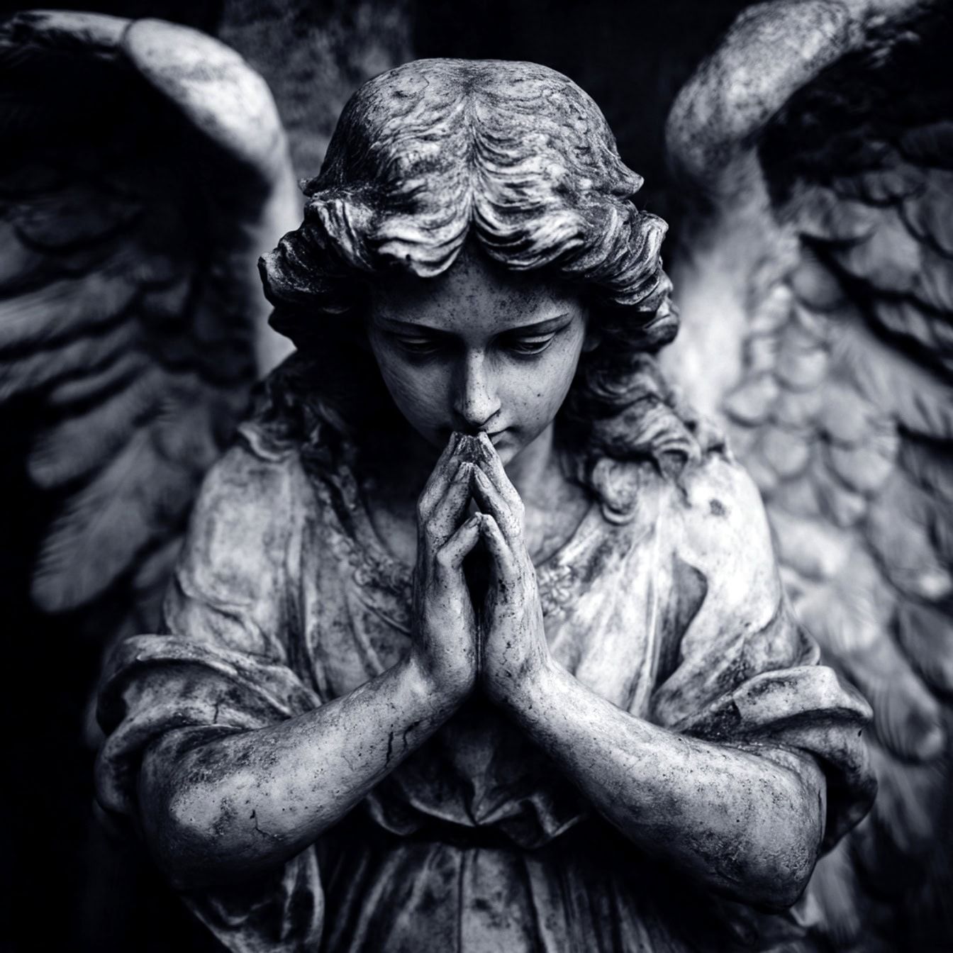 1344x1344 Free picture: A angel praying with folded hands, a black and white picture of a stone sculpture