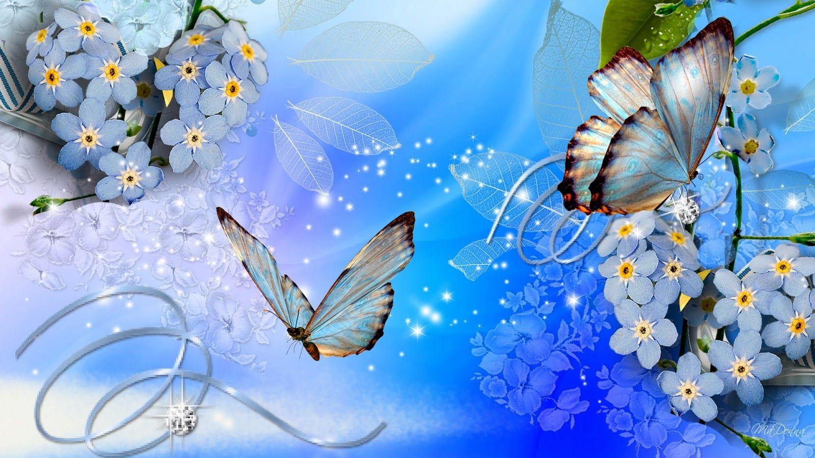 1600x900 beautiful desktop wallpaper 2014: Blue butterflies blue flowers wallpaper download