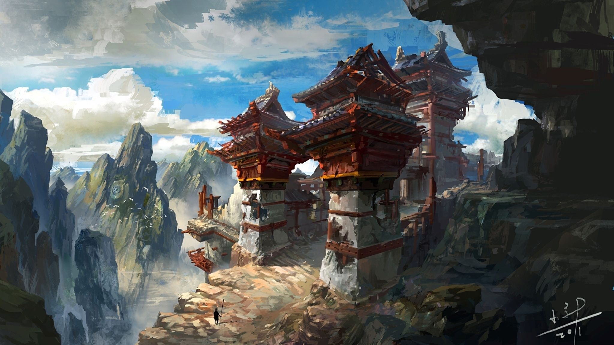 2048x1152 Wallpaper Brown and White Temple on Top of Mountain, Background Free Image