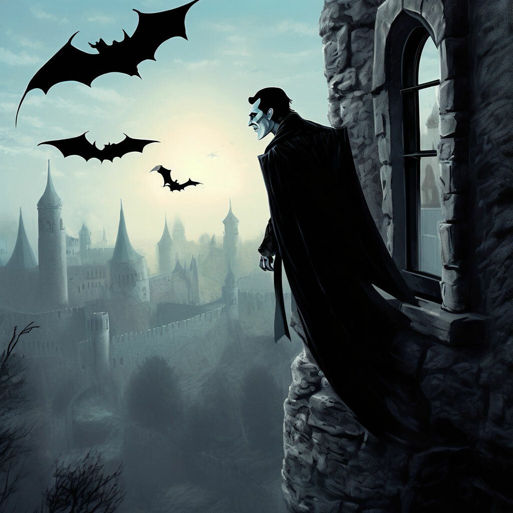 1024x1024 Count Dracula flies out of the window of the castle tower on the wings of a bat, gloomy, horror, comic, ominous