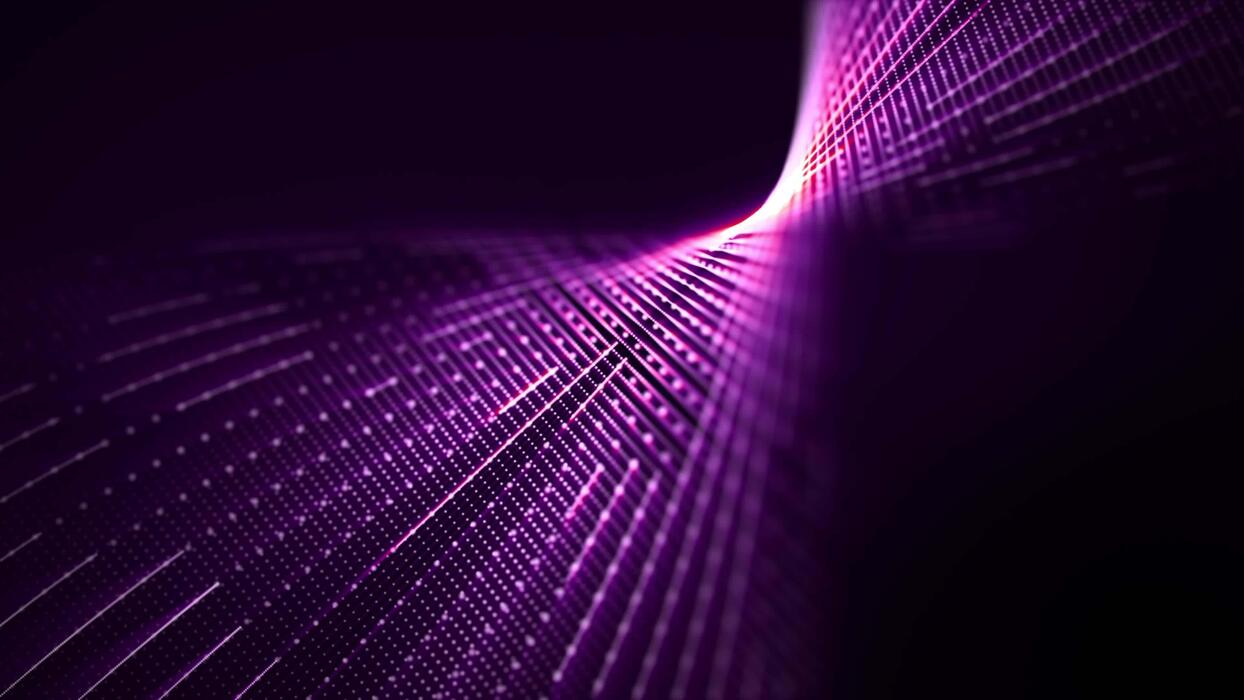 1244x700 Digital code structure with glowing purple elements morphing and rotating in cyberspace. Looped background for programming, internet technology, computer science and music performances. Loop, 4k 60fps