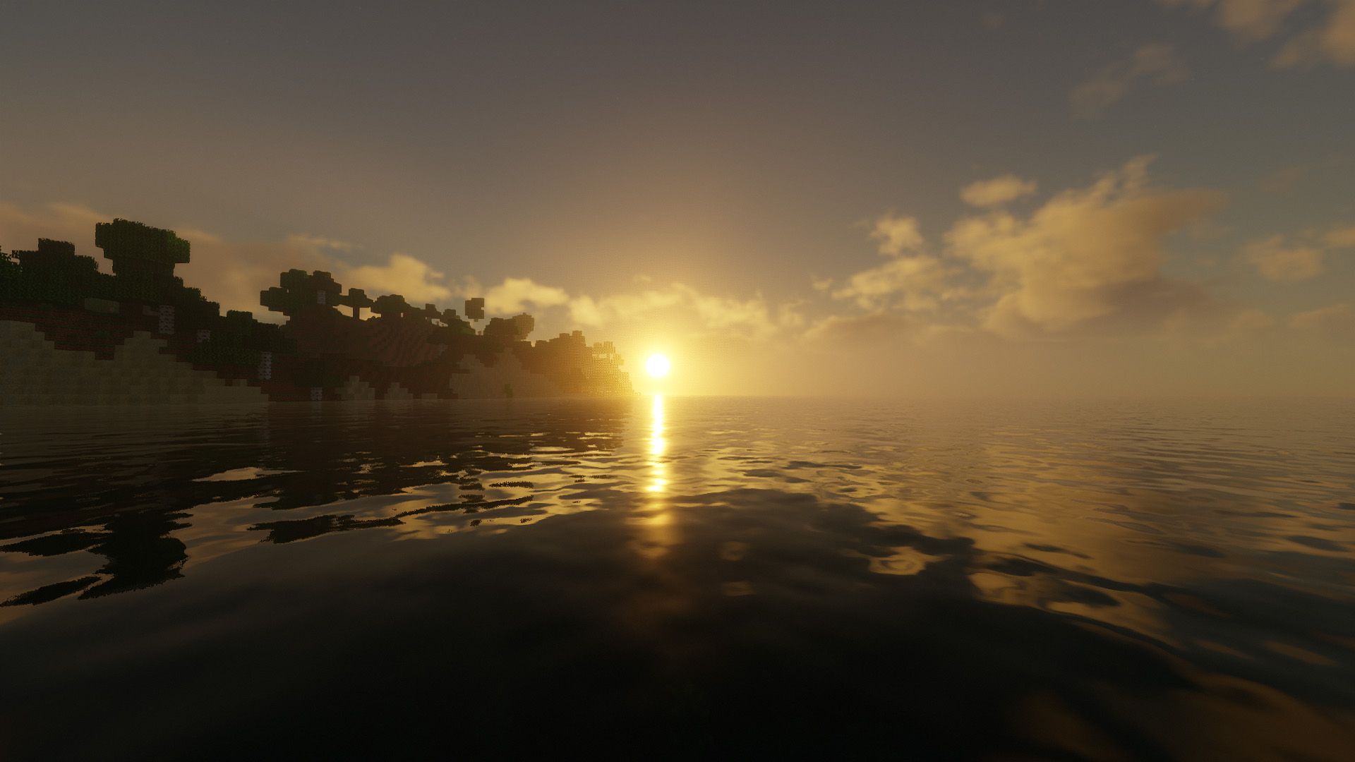 1920x1080 Sunset Reflection On Body Of Water HD Minecraft Wallpaper