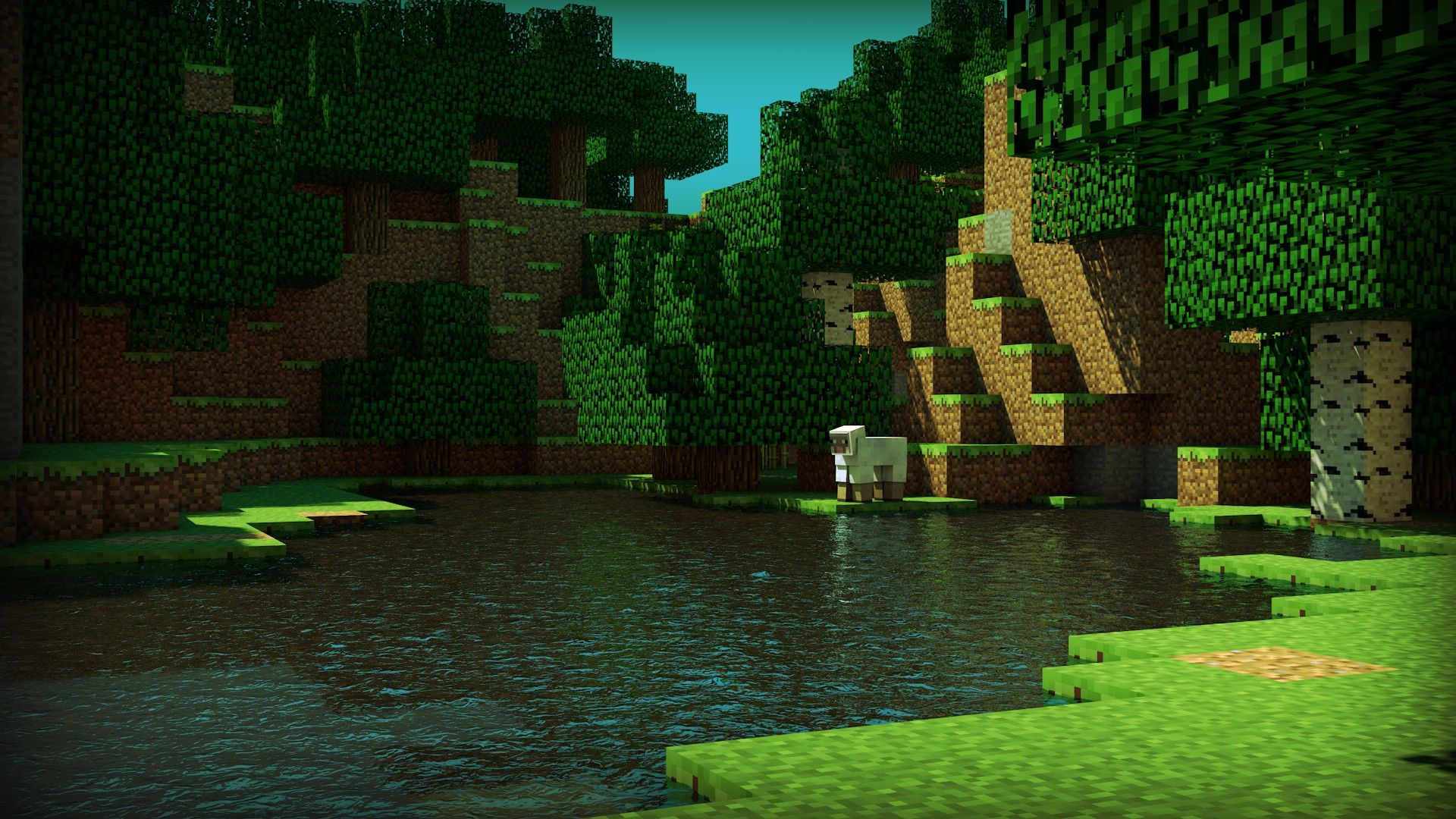 1920x1080 water, Trees, Sheep, Minecraft, Skyscapes, Cinema, 4d, Terrain, Tapeta, Renders Wallpaper HD / Desktop and Mobile Background