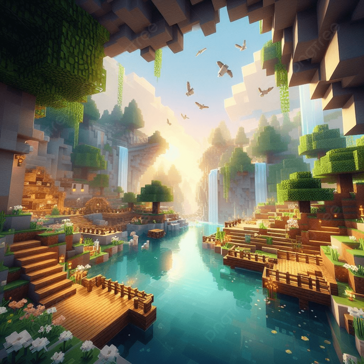 1200x1200 Water Adnd Minecraft Game, Beautiful, Fun, Trees And Creativity Background Image And Wallpaper for Free Download