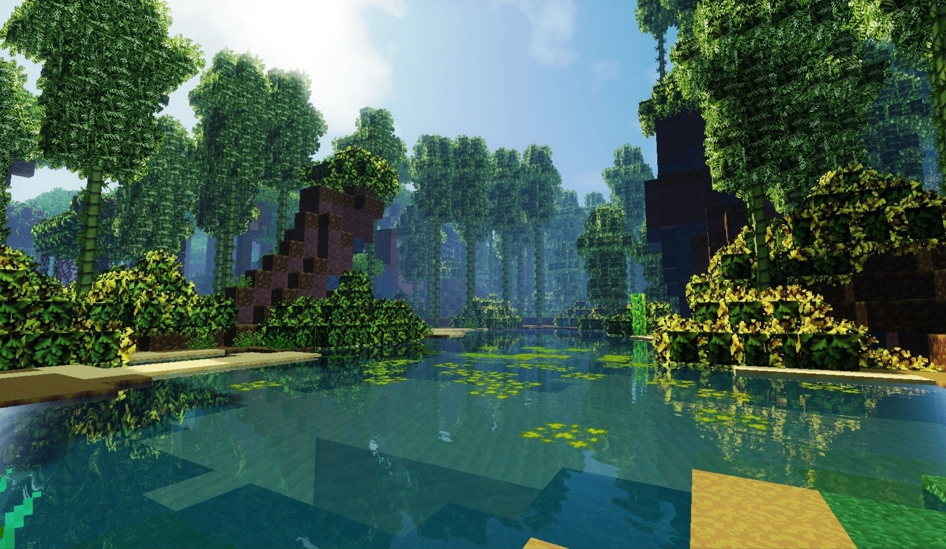 1930x1120 Wallpaper forest, the sky, clouds, shore, bamboo, Bay, minecraft for mobile and desktop, section игры, resolution 1930x1120