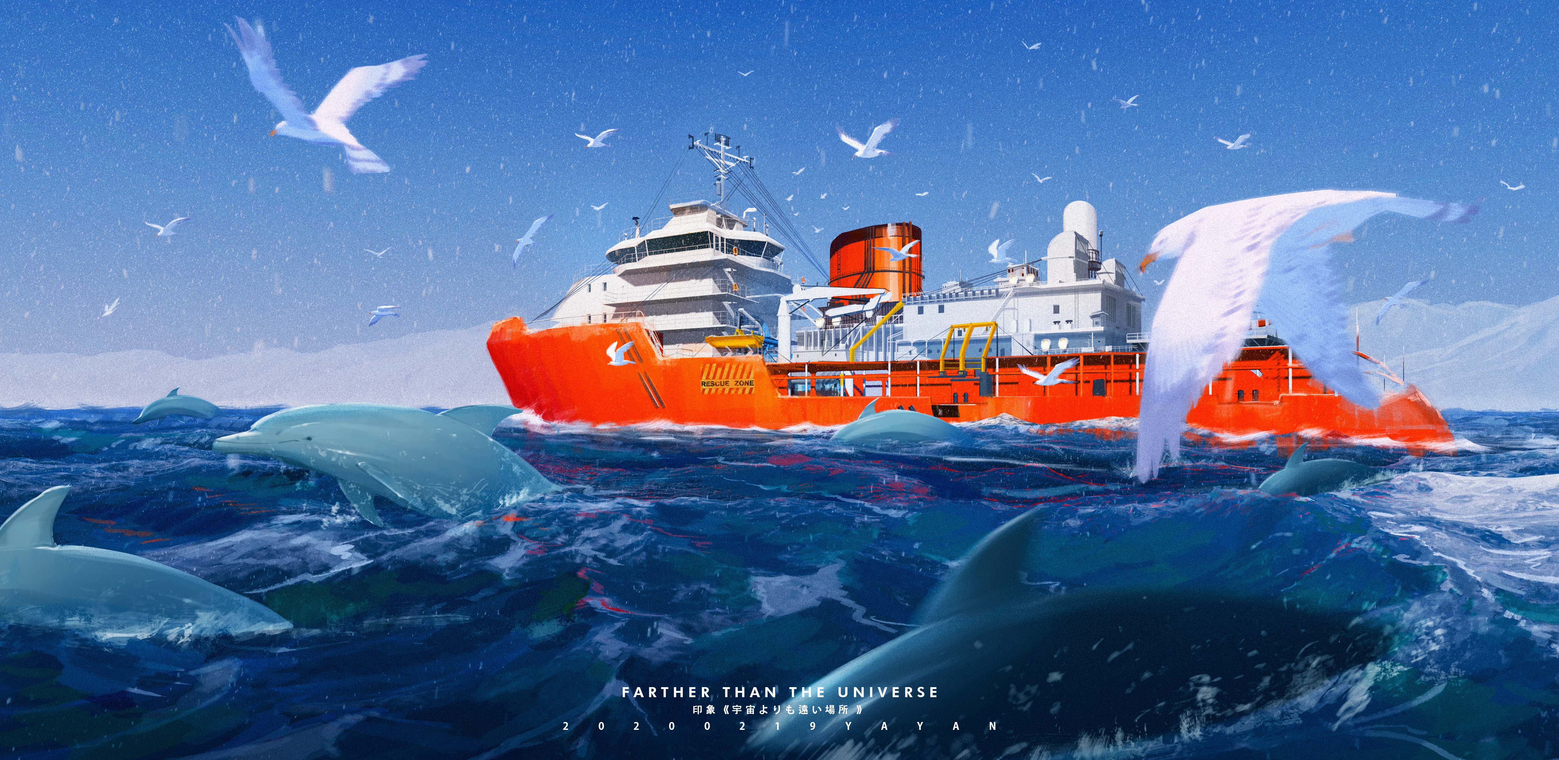 4961x2420 yayan, anime, antarctic, ship, sea, seagulls, dolphin, Sora yori mo Tooi Bashox2420 Wallpaper