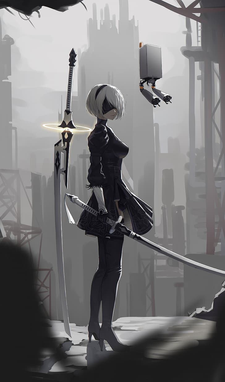 728x1238 HD wallpaper: digital art, artwork, Nier: Automata, 2B (Nier: Automata)