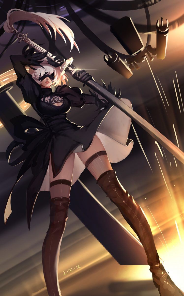 748x1203 warrior, 2B (Nier: Automata), Nier: Automata, NieR, Thigh highs, Fantasy art, Sword, Black dress Wallpaper HD / Desktop and Mobile Background