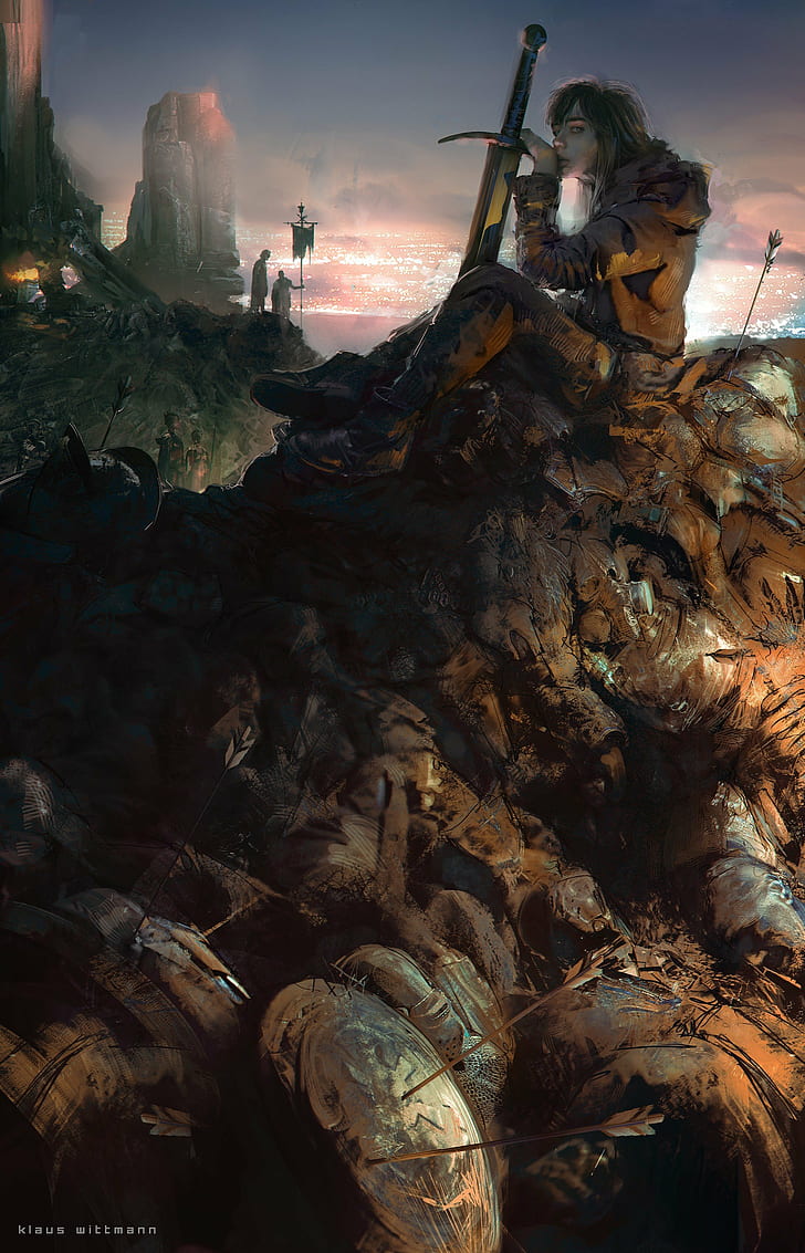 728x1133 HD wallpaper: fantasy art sword, nature, sky, men, gun, outdoors, weapon