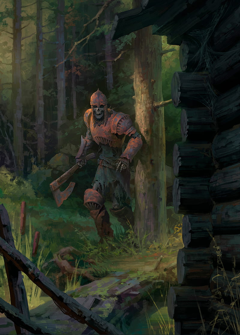 800x1117 Fantasy art, skeleton, Axe, armor, rust, skull, cabin, wood, trees, forest, undead, HD phone wallpaper