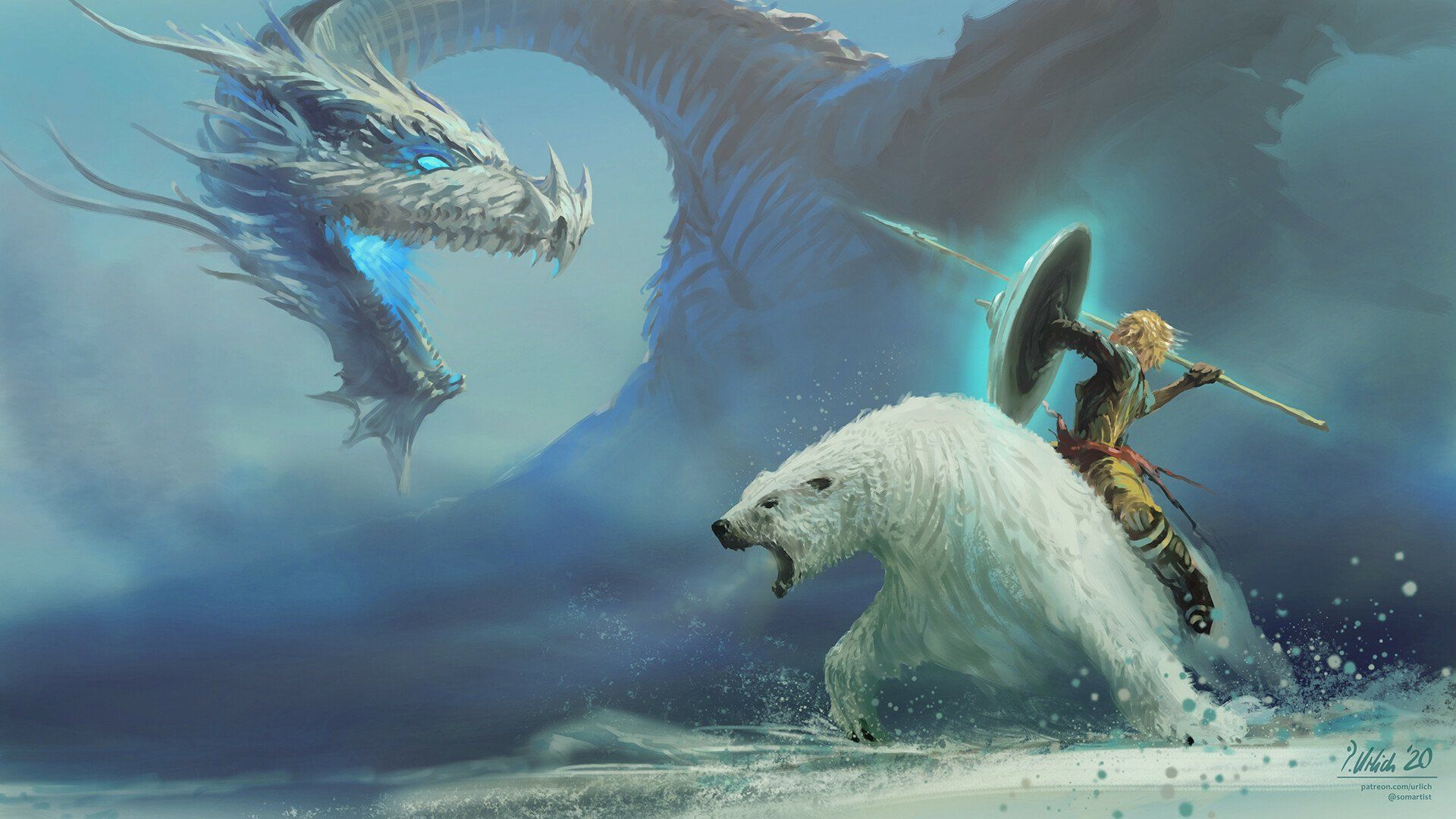 1920x1080 Winter Warrior: The Bear and Dragon's Epic Fantasy Battle HD Wallpaper by Philipp A. Urlichx1080