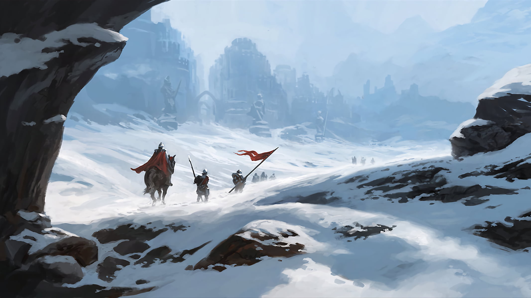 2133x1199 Soldiers on snow field artwork, ice, city, warrior, snow HD wallpaper