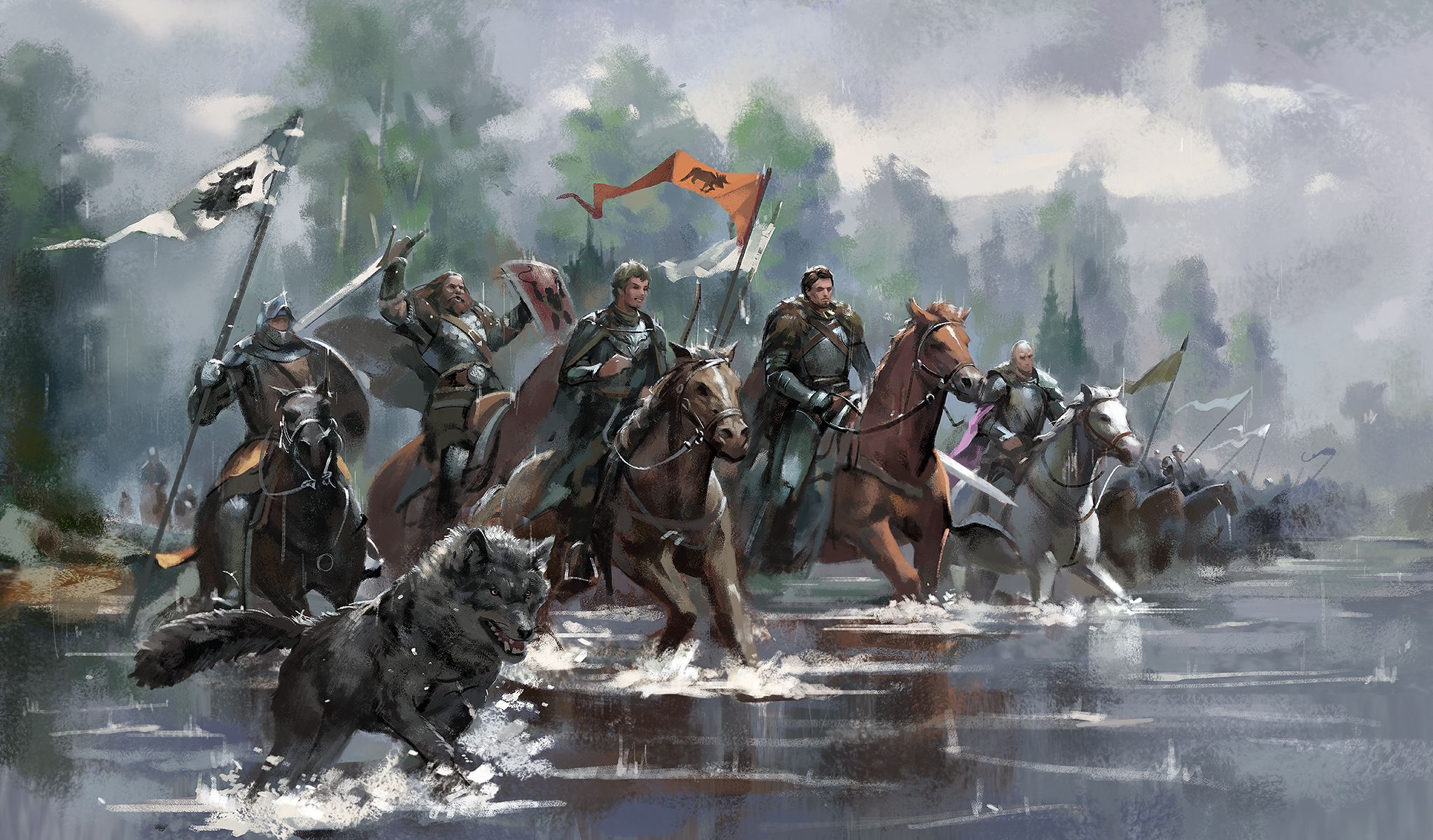 2048x1201 Desktop wallpaper: A Song Of Ice And Fire, Game Of Thrones, Fantasy, Horse, Knight, Warrior, Wolf 4K free download for PC. 823289