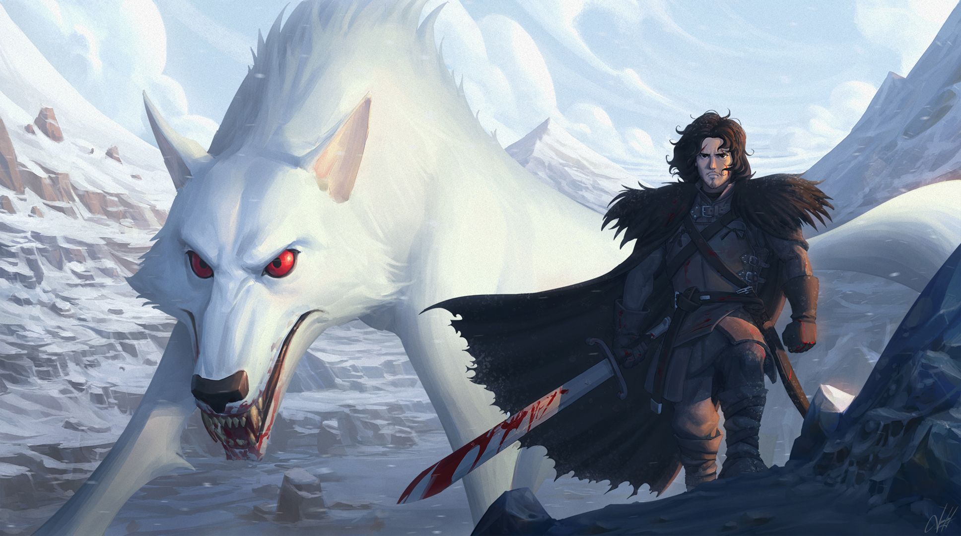 1936x1080 Desktop wallpaper: A Song Of Ice And Fire, Game Of Thrones, Fantasy, Jon Snow, Sword, Warrior, Wolf 4K free download for PC. 739651