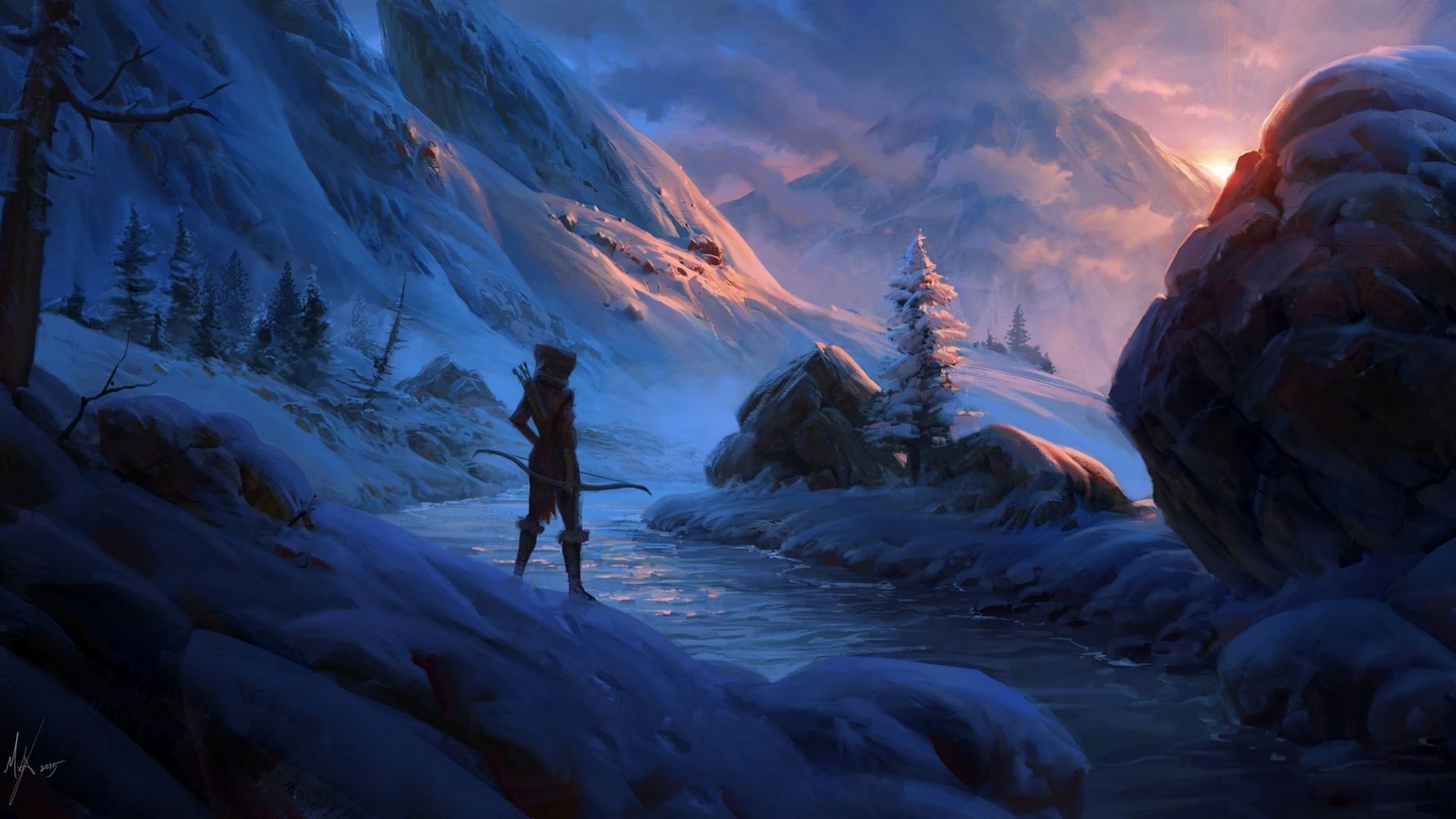 1920x1080 Desktop wallpaper: Warrior, Women Warrior, Woman Warrior, Fantasy, Archer, Ice, Landscape, Snow, Winter 4K free download for PC. 782720