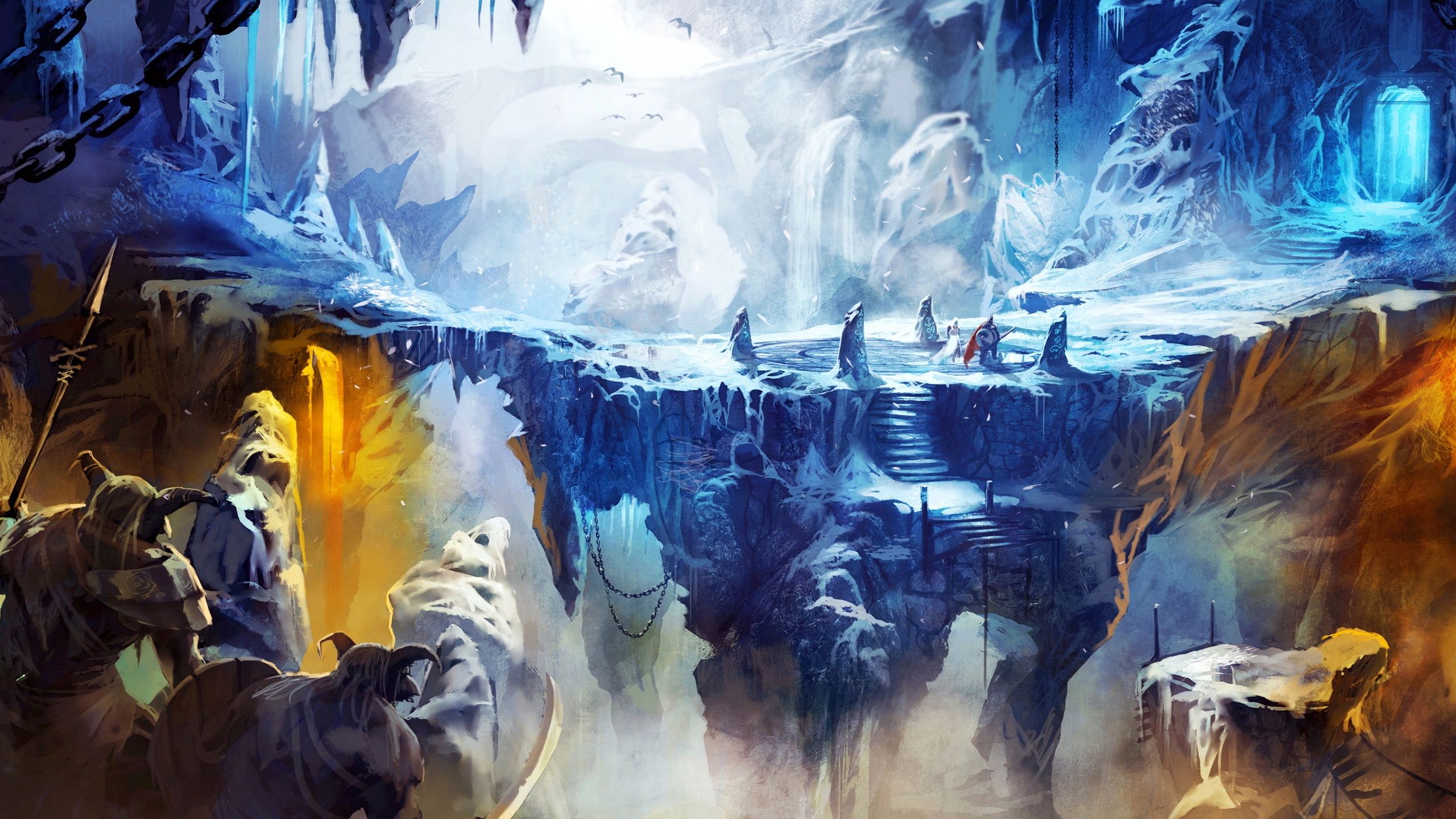 2560x1440 Wallpaper snow, warrior, mage, cave, Thief, Trine Enemies for mobile and desktop, section игры, resolution 2560x1440