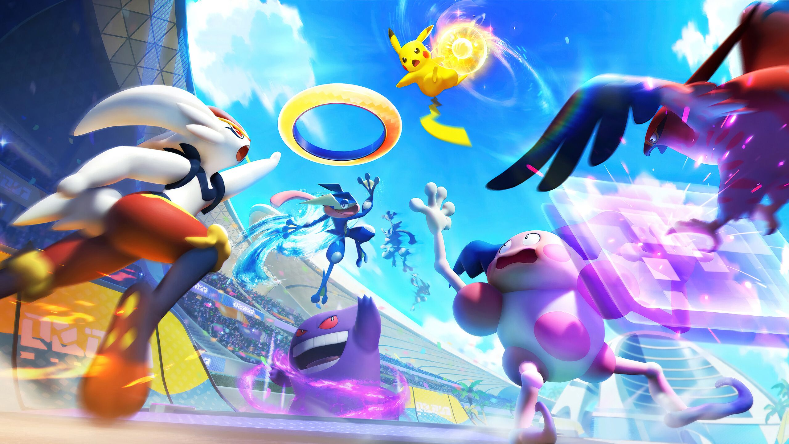 2560x1440 Pokémon UNITE: Greninja, Cinderace & Mr. Mime Clash with Pikachu