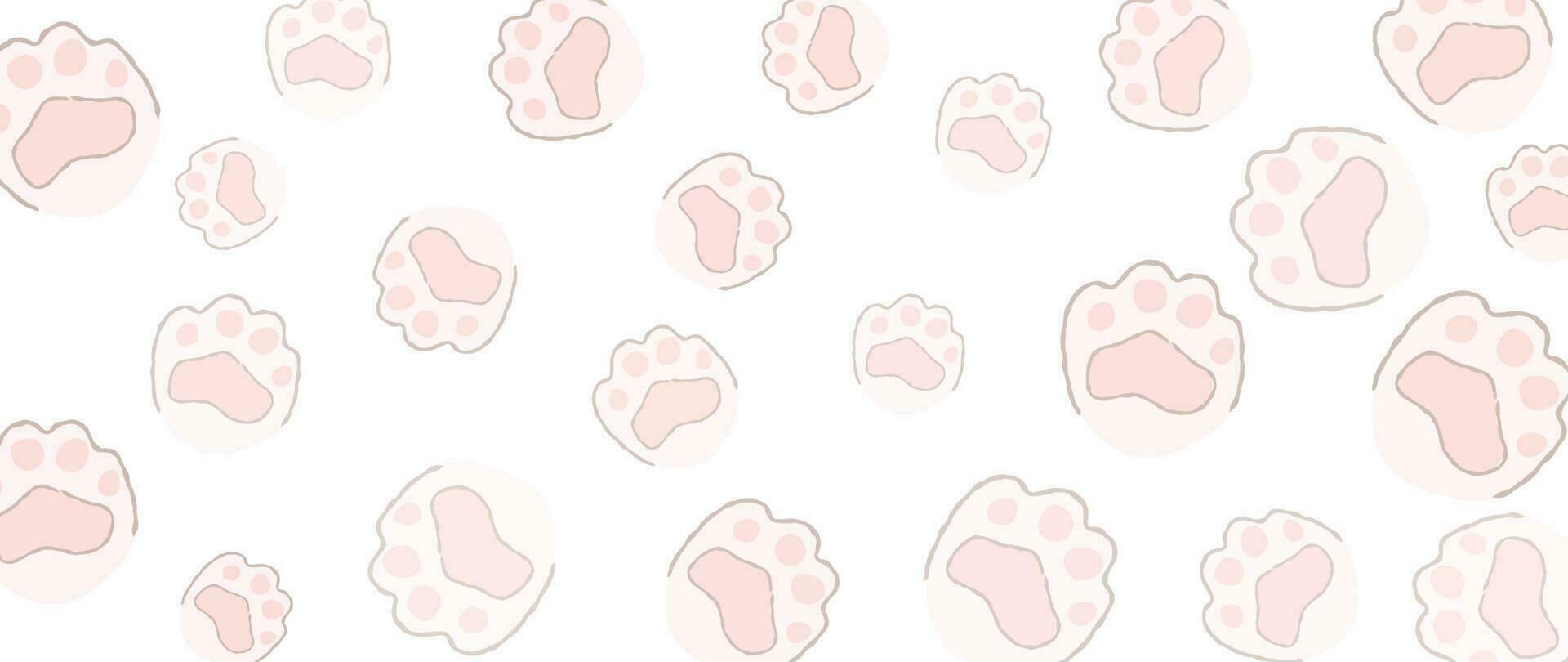 1920x810 Cute pink paw footprints background vector. Hand drawn animal, pet, cat paw silhouette pattern, kitten, puppy walking. Footsteps illustration design for fabric, decorative, sticker, wallpaper, kids