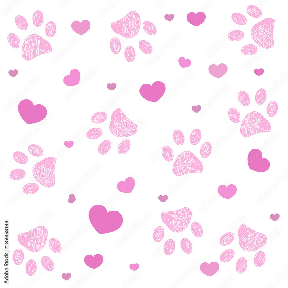 1000x1000 Pink paw print with hearts background Stock Illustration