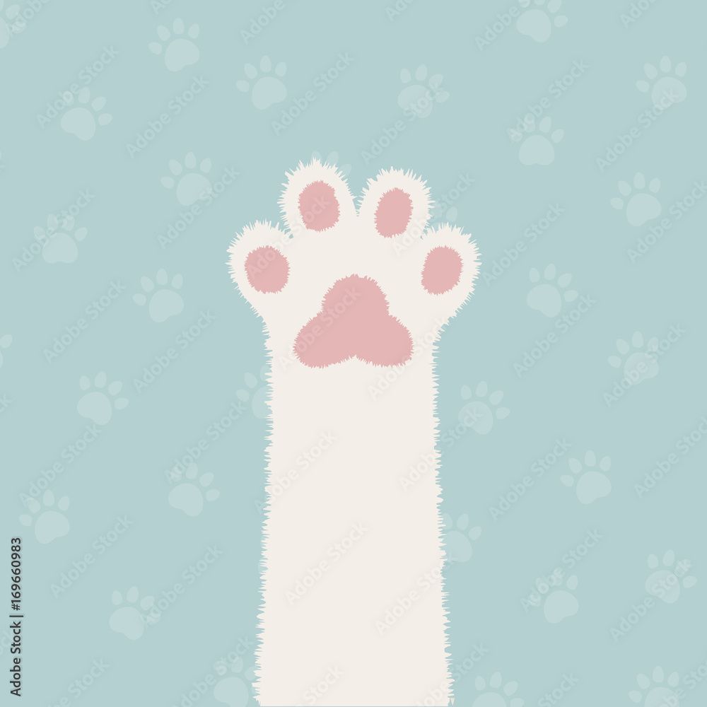 1000x1000 flat white cat's leg with pink paw and green paws pattern background Stock Vector