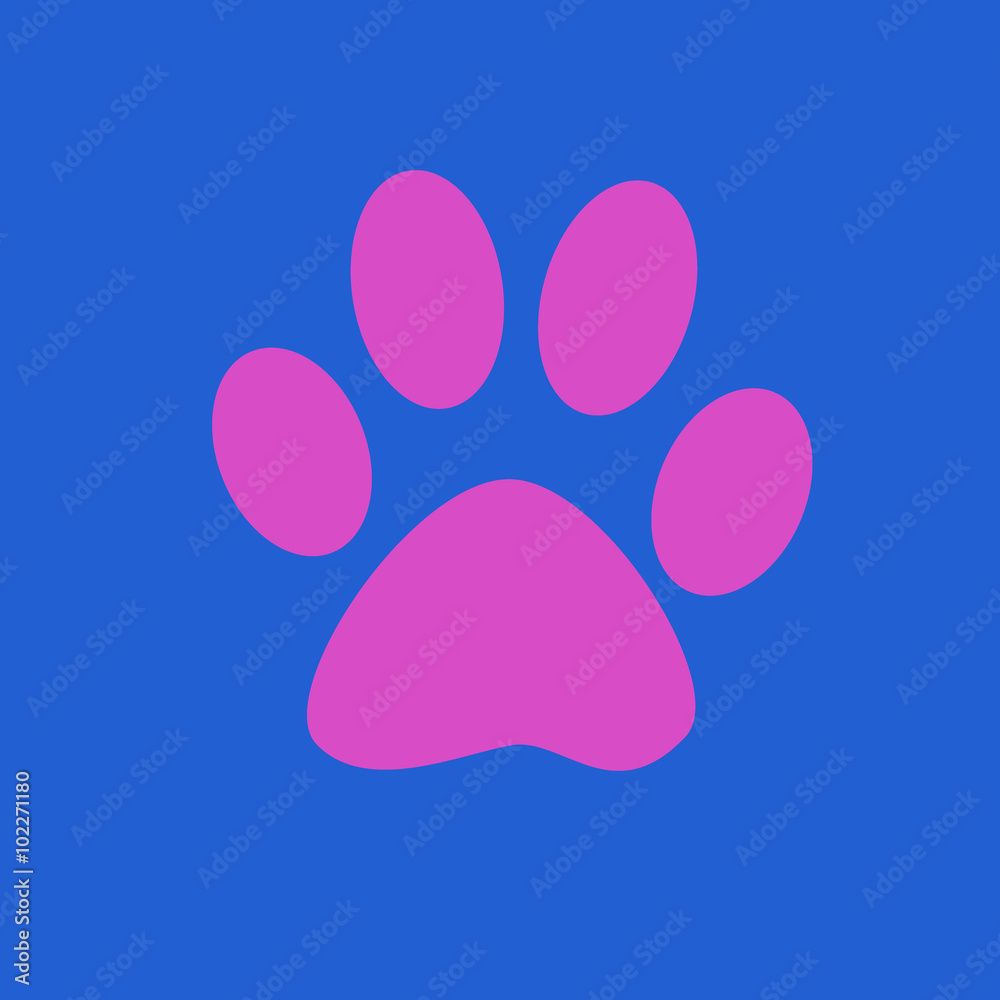 1000x1000 The imprint of dog paw. Web icon, color paw of the animal. Pink paw print pet. Print on a blue background. Stock Illustration