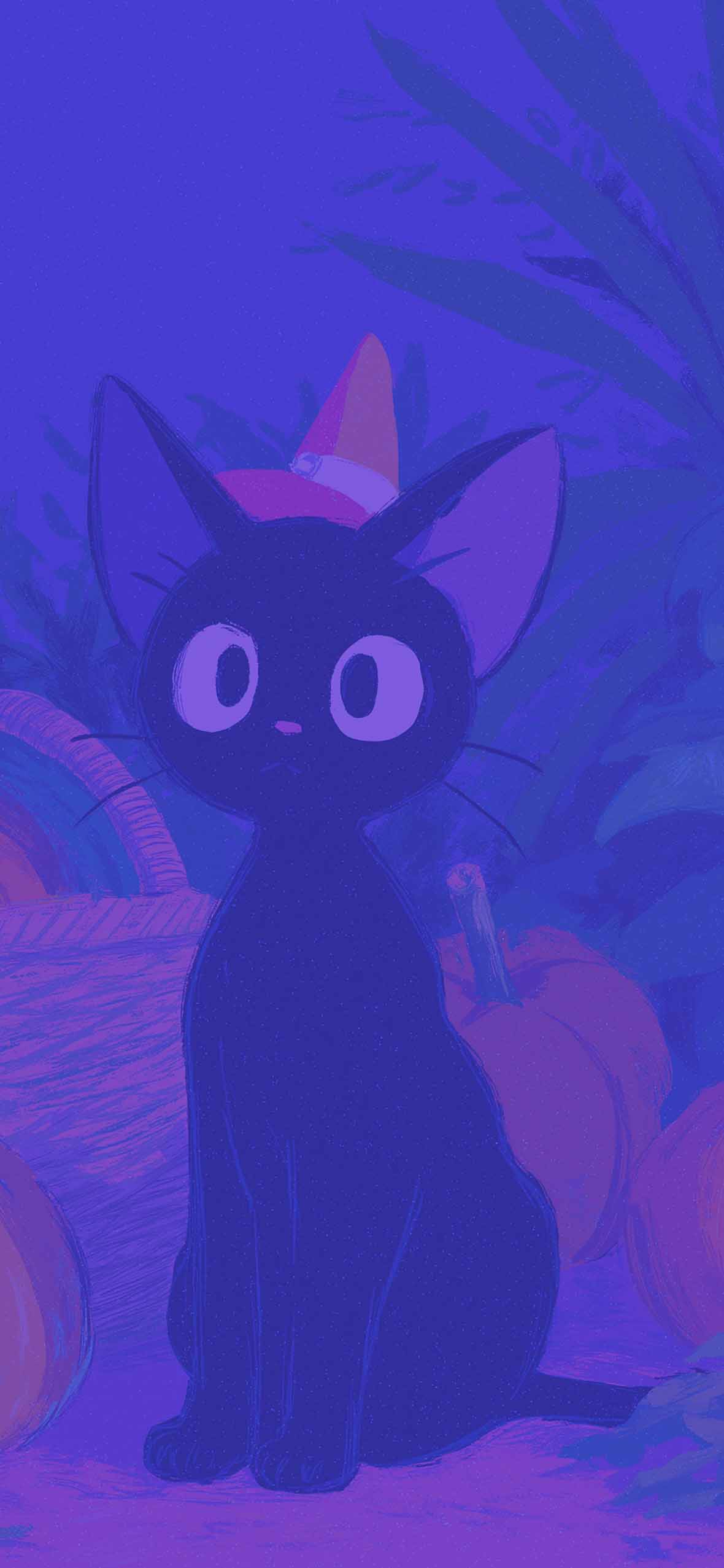 1180x2554 Kiki Cat Halloween Pumpkin Purple Anime Wallpaper