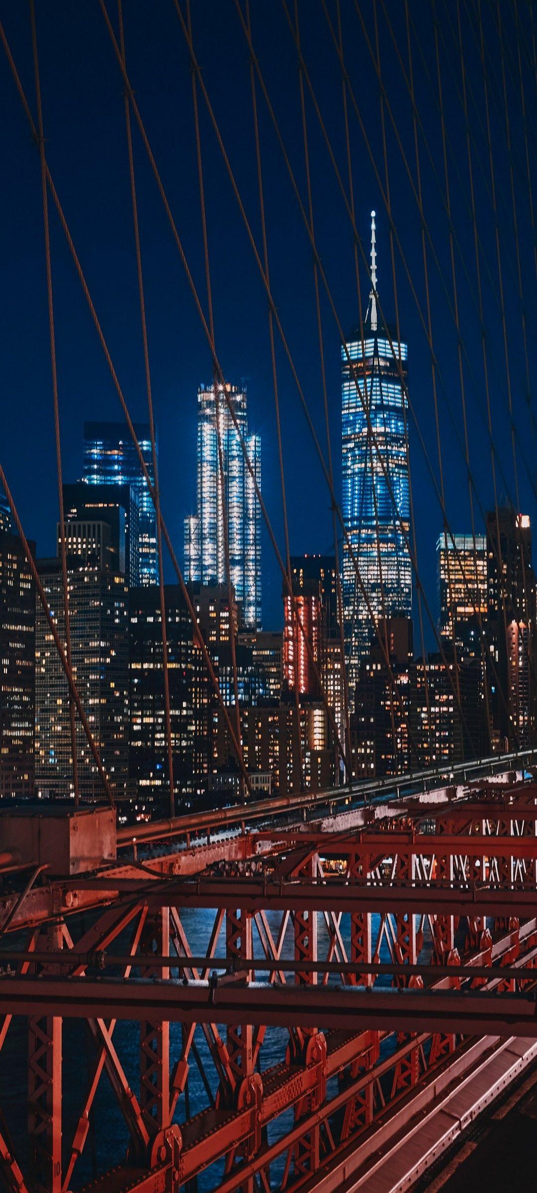 1080x2400 Brooklyn Bridge 4K Wallpaper, Manhattan, New York City, Cityscape, City lights, Night, Urban, 5K, World