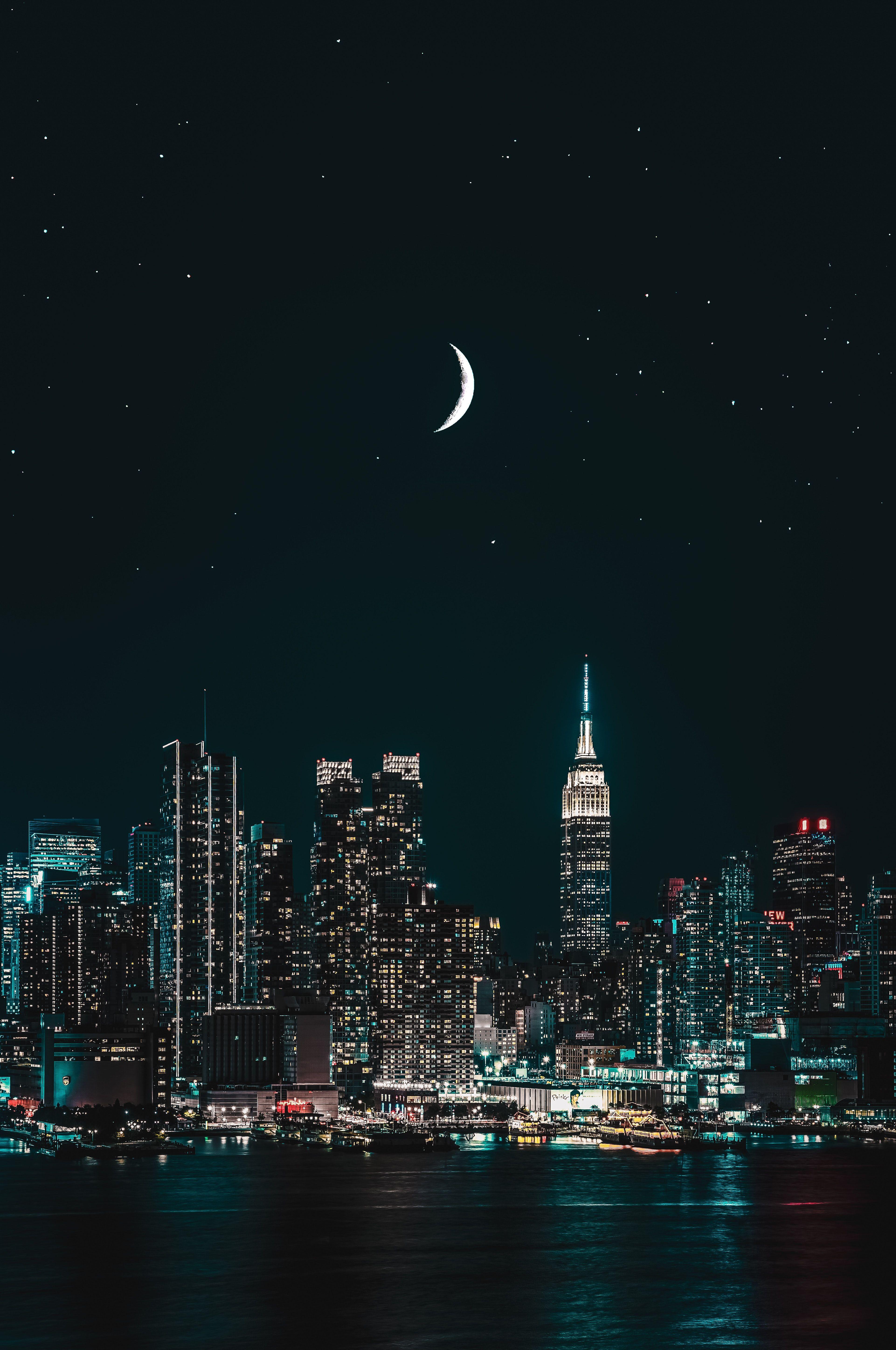 3843x5790 New York City 4K Wallpaper, Cityscape, Night, City lights, Half moon, Starry sky, World