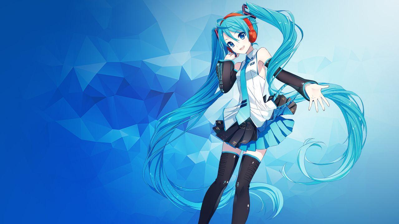 1280x720 Wallpaper Hatsune Miku, Anime girl, Polygons, Blue, 4K, Anime