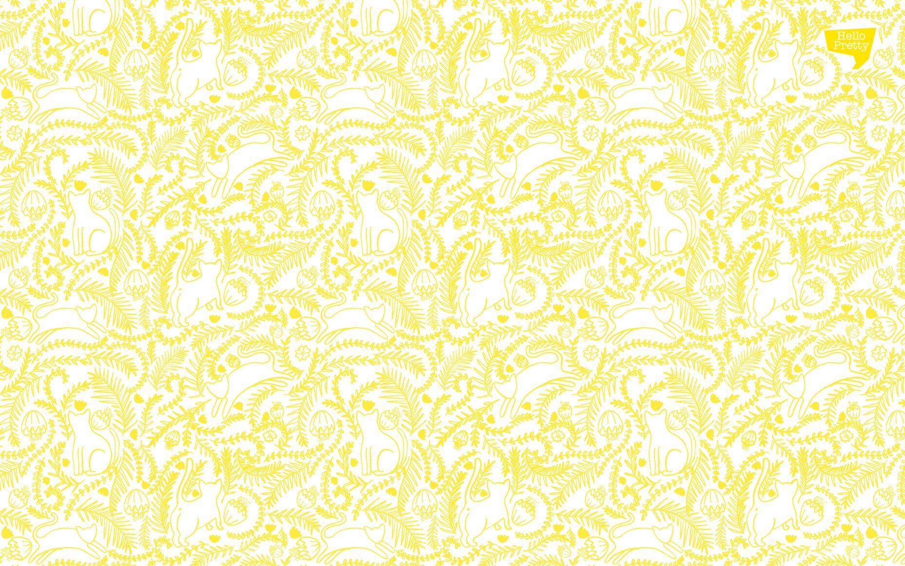 1856x1161 Yellow white cats ferns botanical pattern illustrated desktop wallpaper background. White wallpaper, Desktop wallpaper, Pretty wallpaper