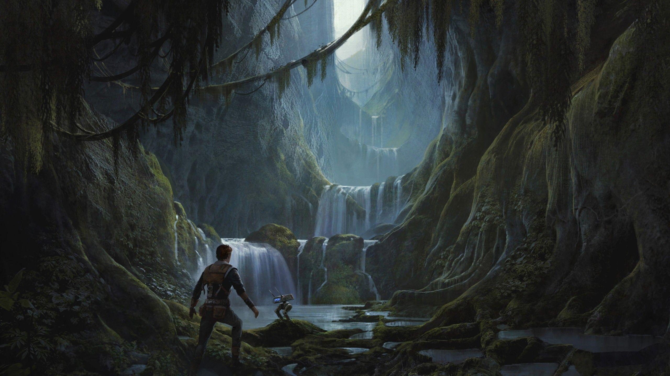 2560x1440 Download 2560x1440 Star Wars Jedi: Fallen Order, Waterfall, Scenic, Artwork, Game Landscape, Concept Art Wallpaper for iMac 27 inch