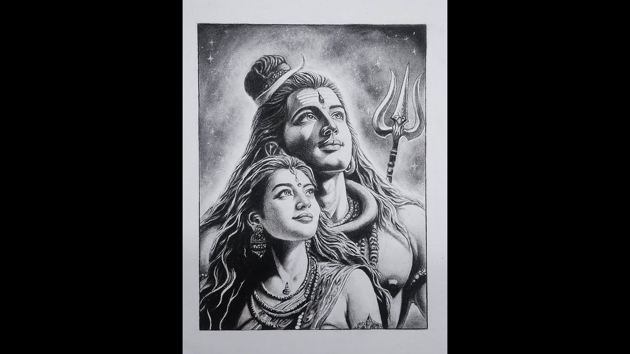 1280x720 Beautiful Realistic Sketch of Lord Shiva & Parvati