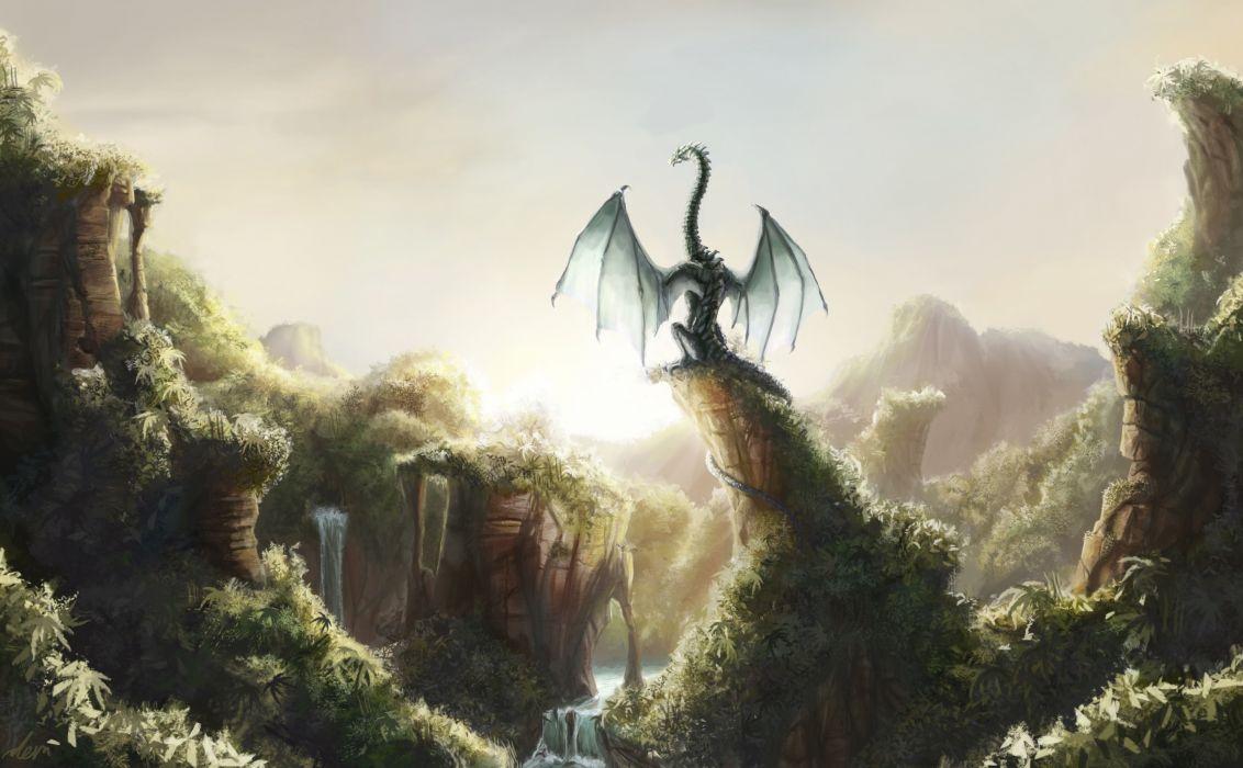 1132x700 Dragons Fantastic world Fantasy dragon waterfall jungle forest river wallpaperx1847