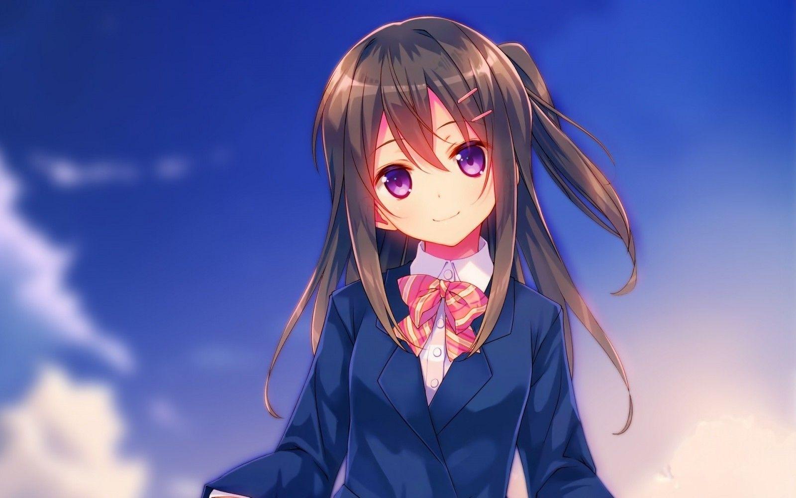 1600x1000 long hair, anime, anime girls, sky, smiling, blue, school uniform, hair, brown hairs, clothing, costume, screenshot, computer wallpaper, mangaka. Mocah.org HD Desktop Wallpaper