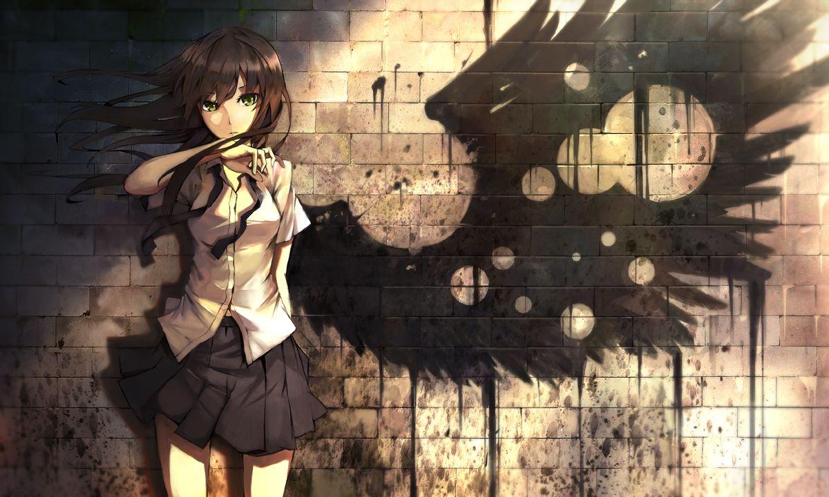 1200x720 brown hair green eyes original seafh seifuku wings: Anime Wallpaper