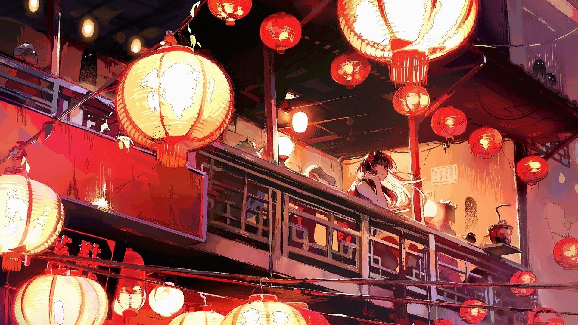 1920x1080 Download 1920x1080 Japanese Building, Anime Girl, Lanterns, Horns, Scenic Wallpaper for Widescreen