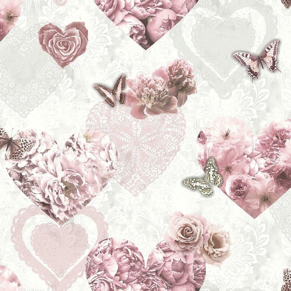 1000x1000 Arthouse Floral Hearts Pink White Wallpaper