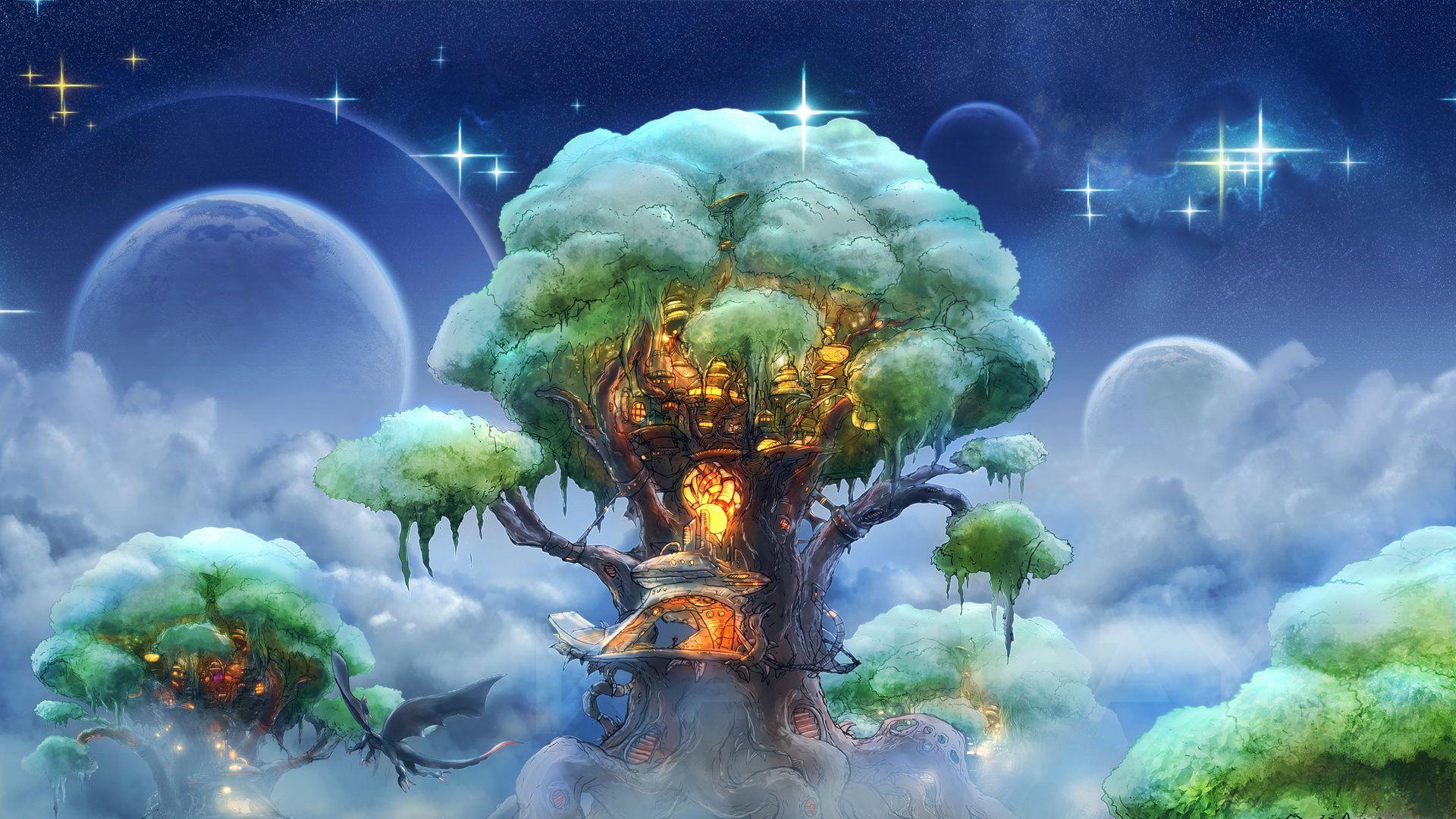 1920x1080 elven forest, art, style, dragon, fantasy, stars, fantasy, zephyr tree, kamikaye, sky, house desktop wallpaper 58231