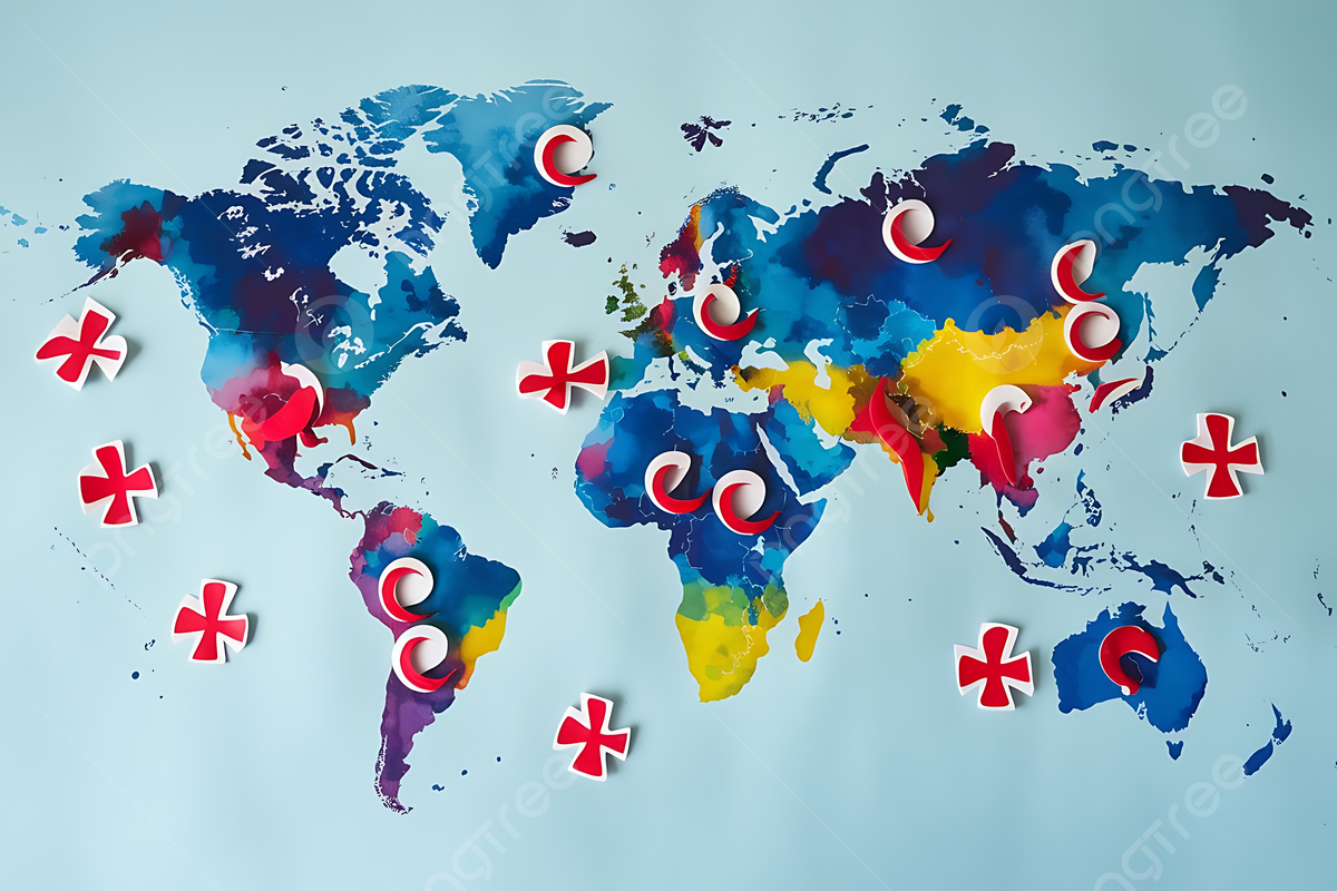 1200x800 Watercolor World Map With Red Cross And Crescent Symbolizing Global Humanitarian Aid, Global Humanitarian Aid, Red Cross And Crescent, World Map Design Background Image And Wallpaper for Free Download