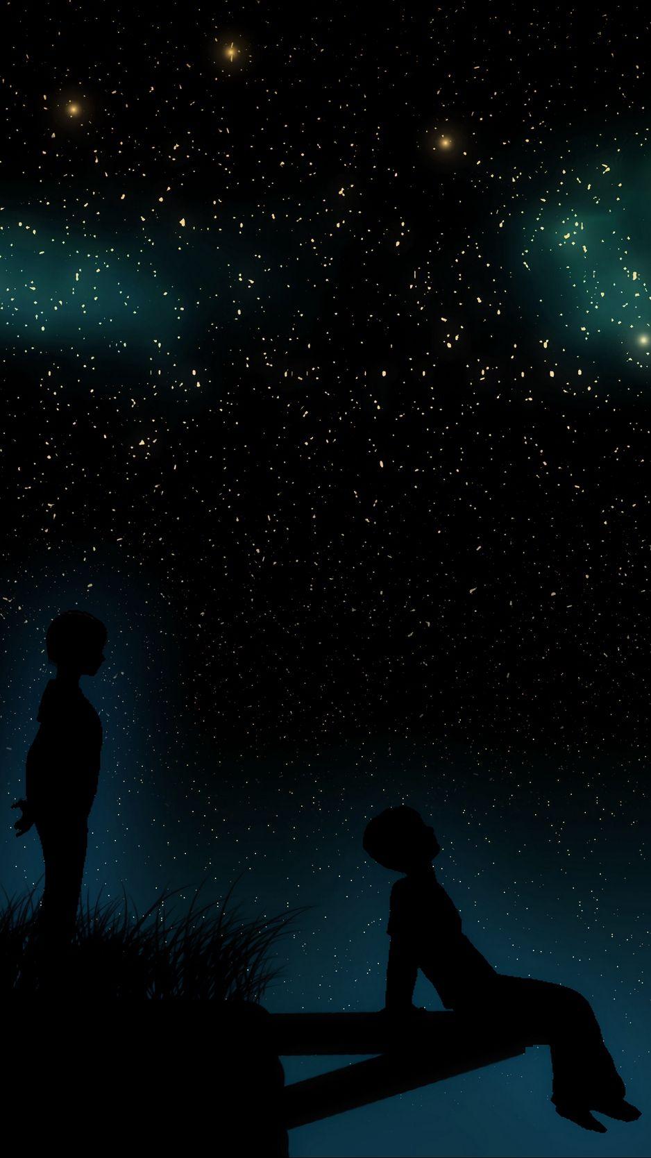 938x1668 Starry sky, children, silhouettes, dreamers wallpaper