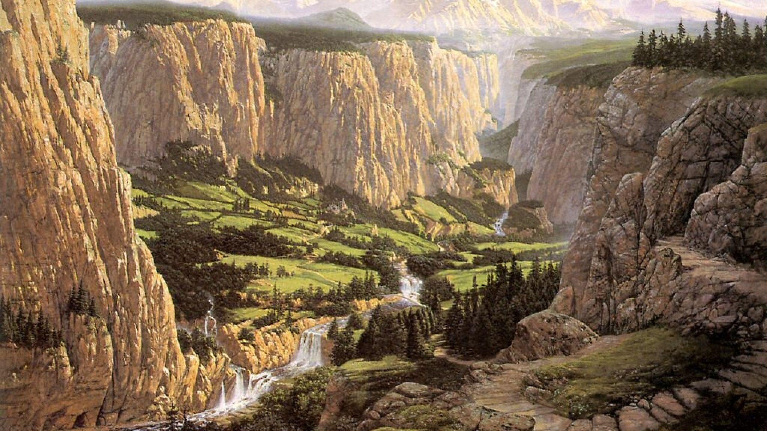 2560x1440 Valley Cliffs Waterfalls Dell desktop PC and Mac wallpaper