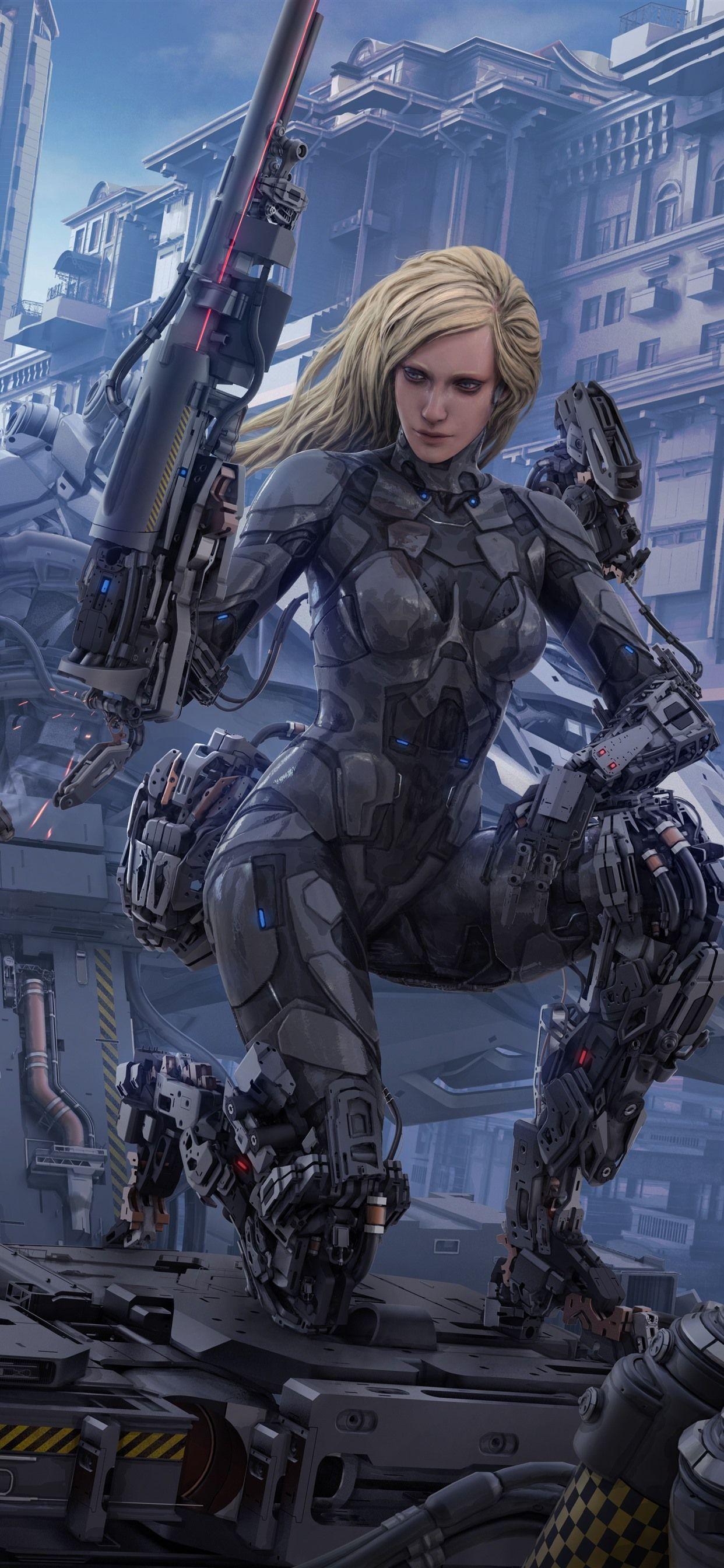 1242x2688 Cyborg, Blonde Girl, Weapon, City, Fantasy Art 1242x2688 IPhone 11 Pro XS Max Wallpaper, Background, Picture, Image