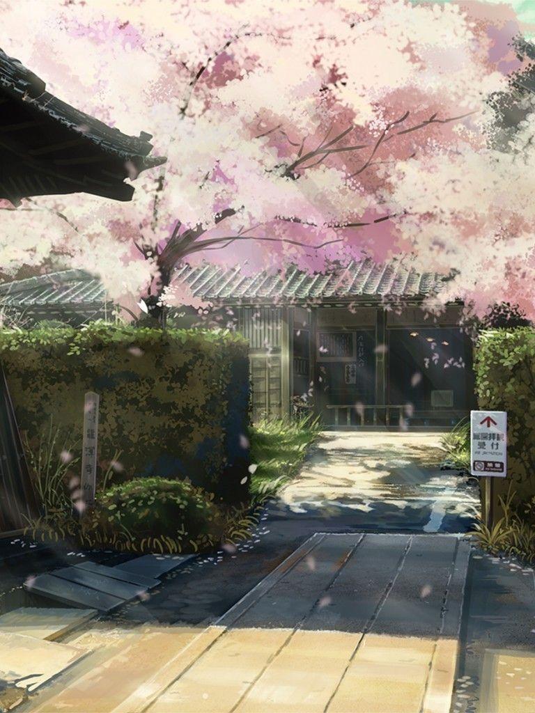 768x1024 Download 768x1024 Cherry Blossom, Scenic, Anime Houses, Sunlight Wallpaper for Apple iPad Apple iPad Mini