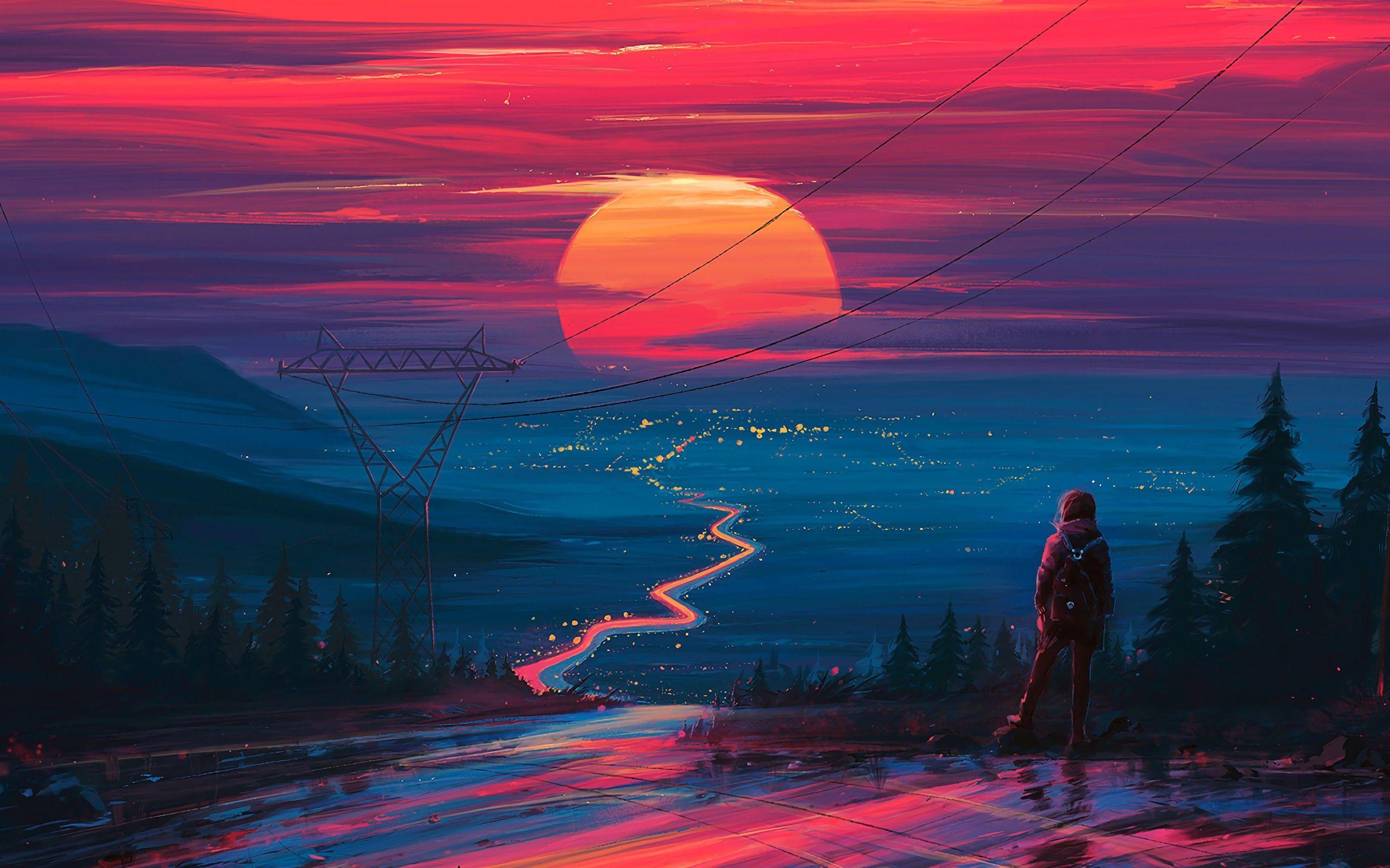 2560x1600 Sunset Horizon Scenery Landscape Art 4K Wallpaper