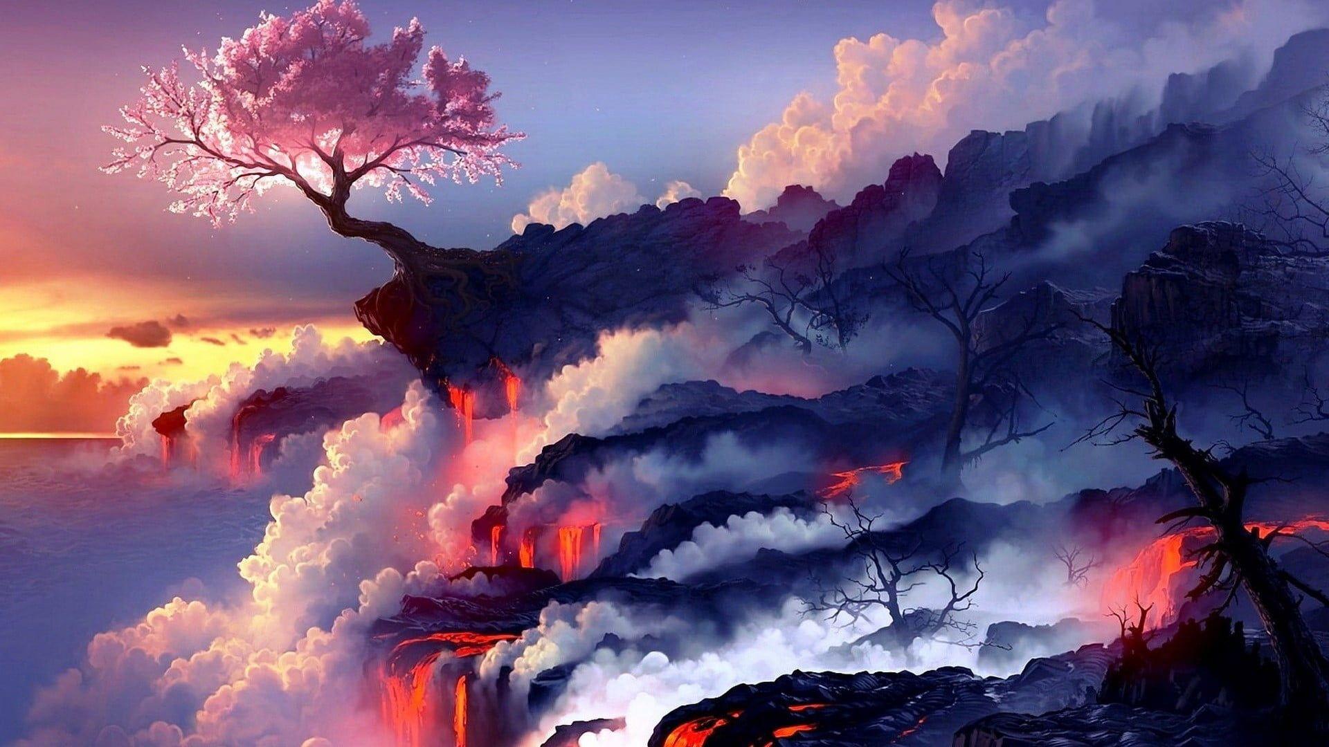 1920x1080 Cherry blossom on cliff mountain HD wallpaper