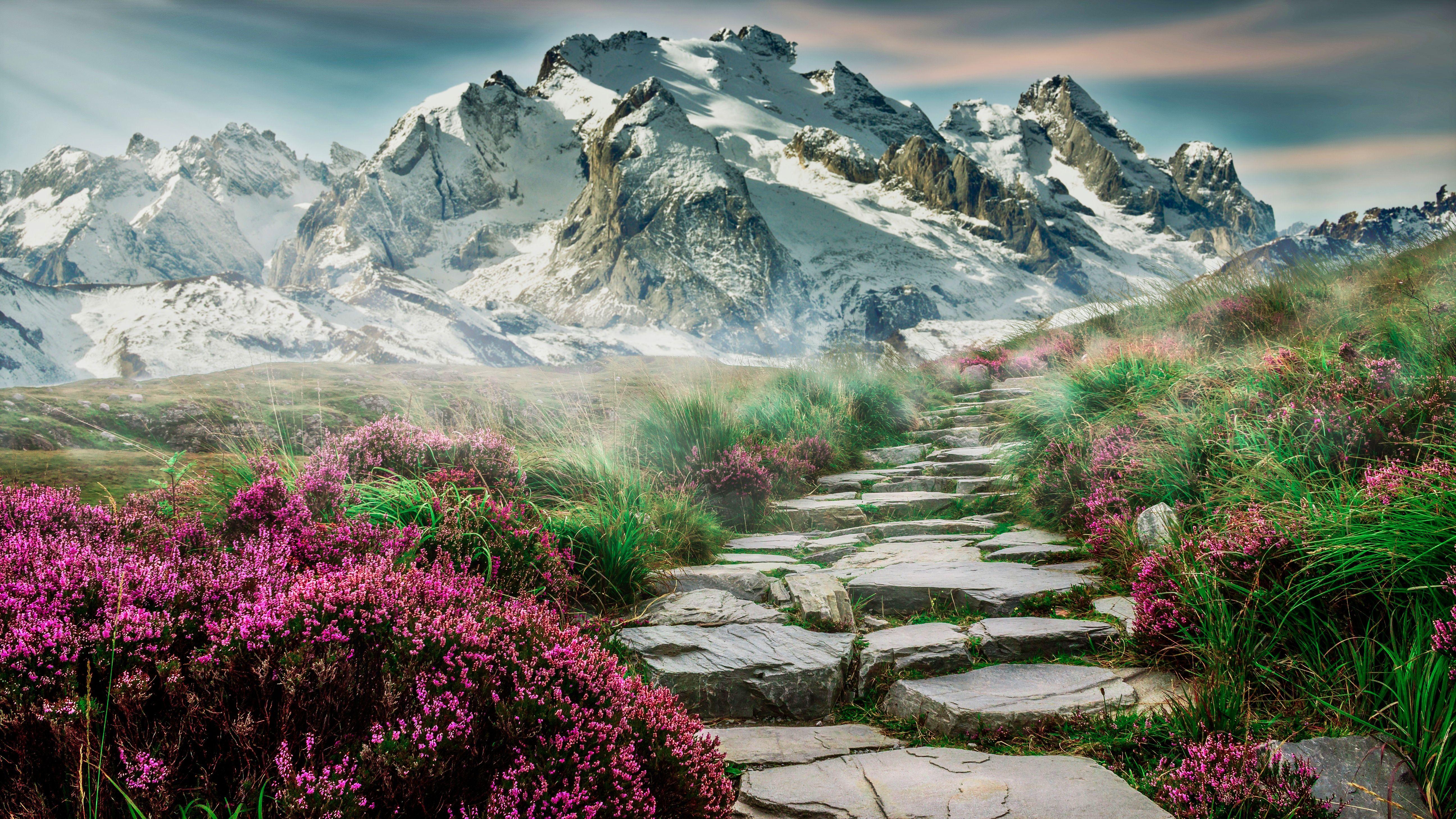 5184x2916 Mountains 4K Wallpaper, Path, Hill, Spring, Landscape, Scenery, Stone staircase, 5K, Nature