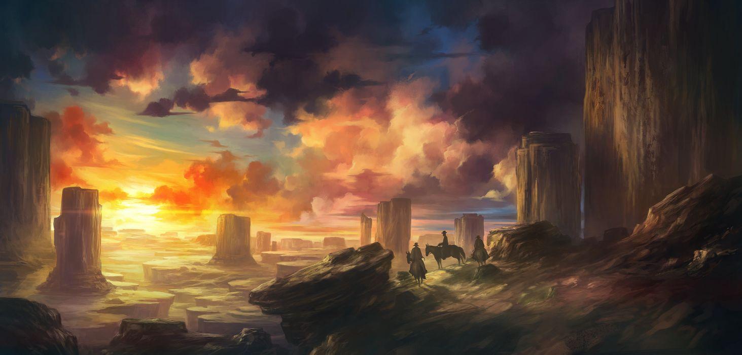 1463x700 Painting art clouds Cowboy cowboys horses mountain painting riding sky stone stone mountain sunset sunshine view Zone wallpaperx2751