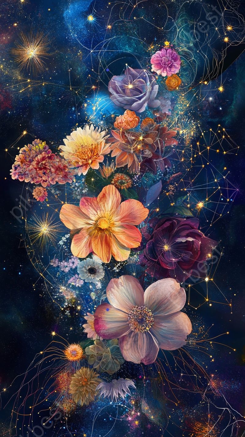 800x1427 Celestial Floral Starscape Wallpaper For Smartphone Background. JPG Free Download