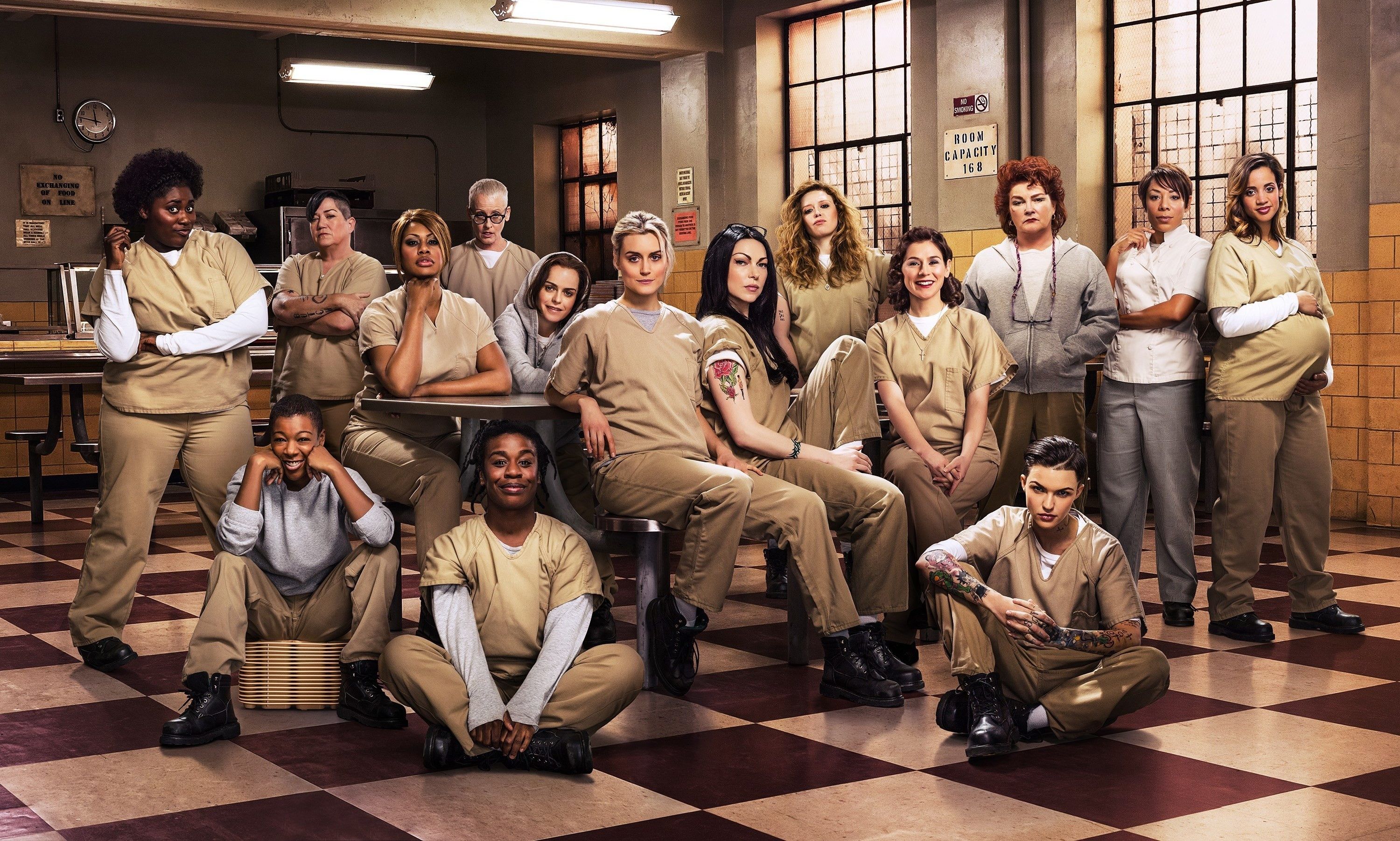 3000x1803 Wallpaper girl, woman, tatoo, prison, Taylor Schilling, uniform, cast, chain for mobile and desktop, section фильмы, resolution 3000x1803